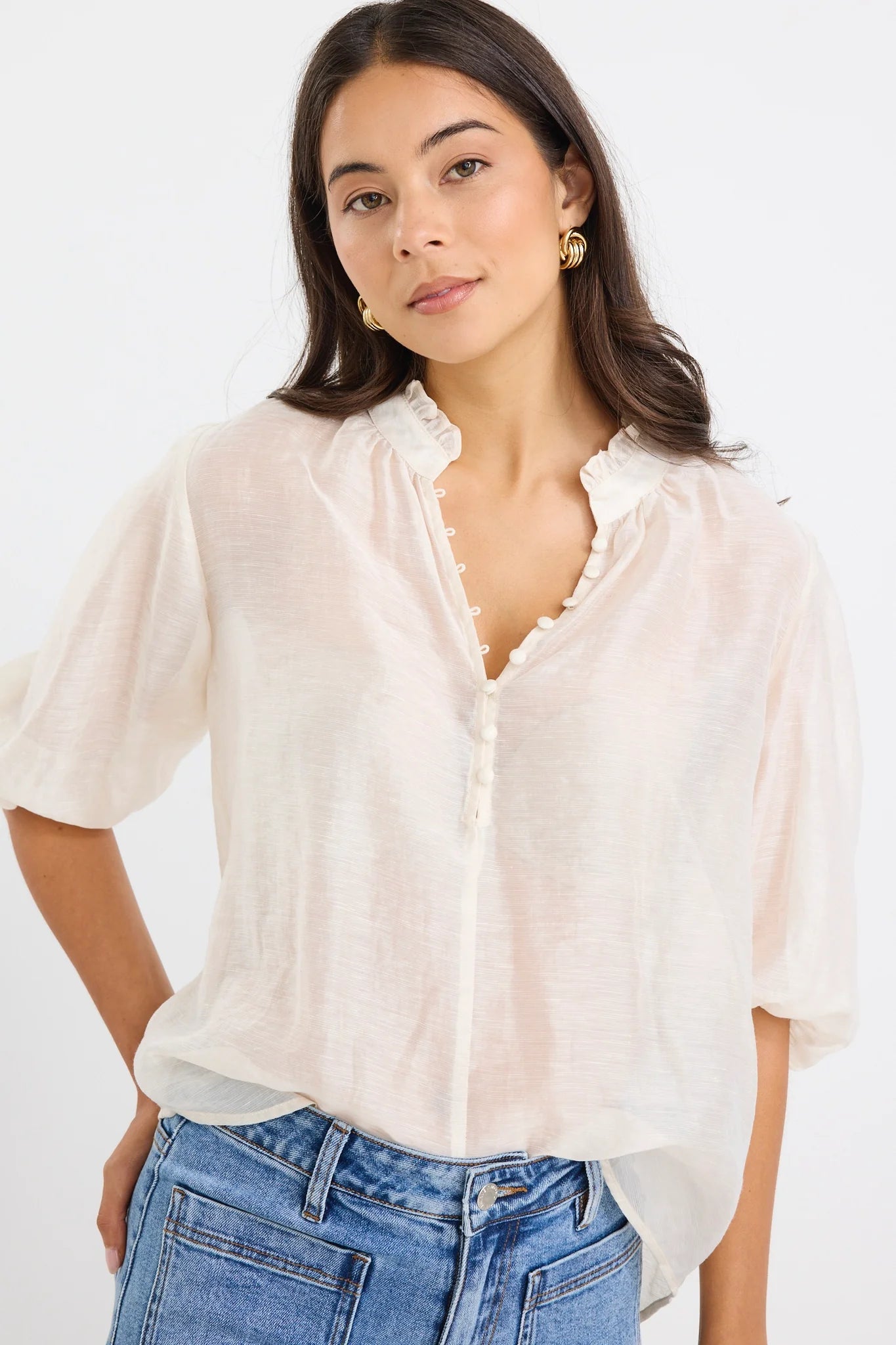 IVY + JACK CLOSURE IVORY SHEER HIGH NECK BUTTONED SS TOP - THE VOGUE STORE