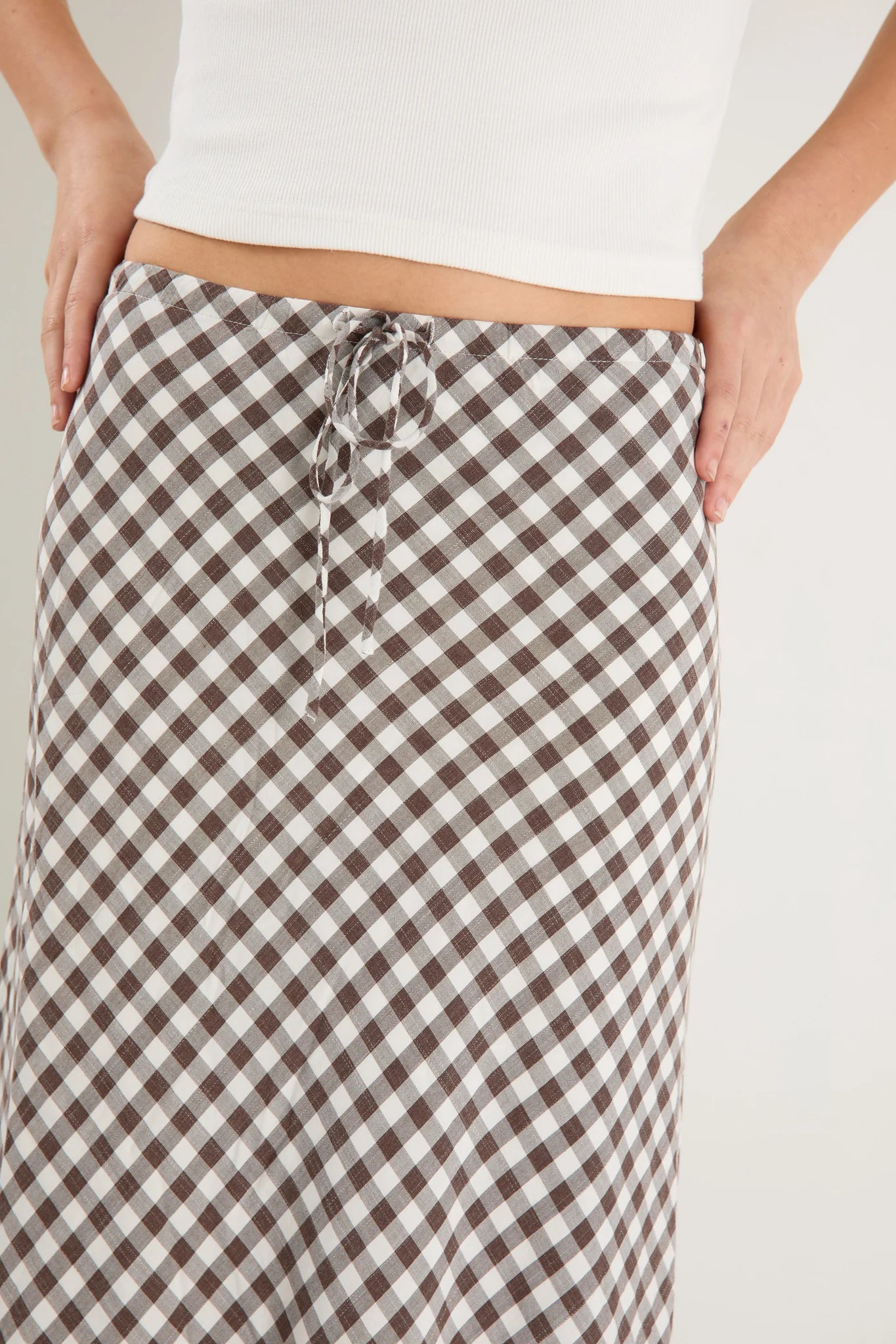 AMONG THE BRAVE SUMMIT CHOCOLATE GINGHAM COTTON BLEND TIE WAIST BIAS MAXI SKIRT - THE VOGUE STORE