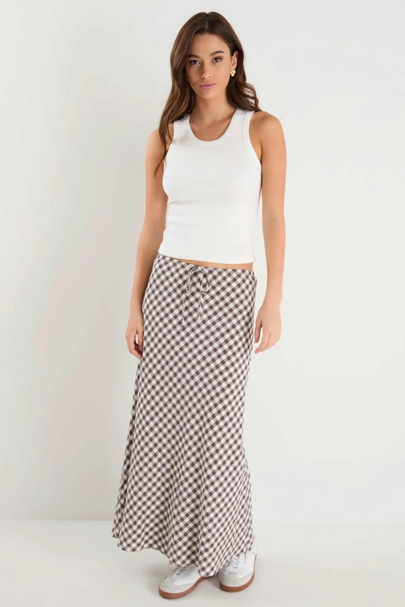 AMONG THE BRAVE SUMMIT CHOCOLATE GINGHAM COTTON BLEND TIE WAIST BIAS MAXI SKIRT - THE VOGUE STORE