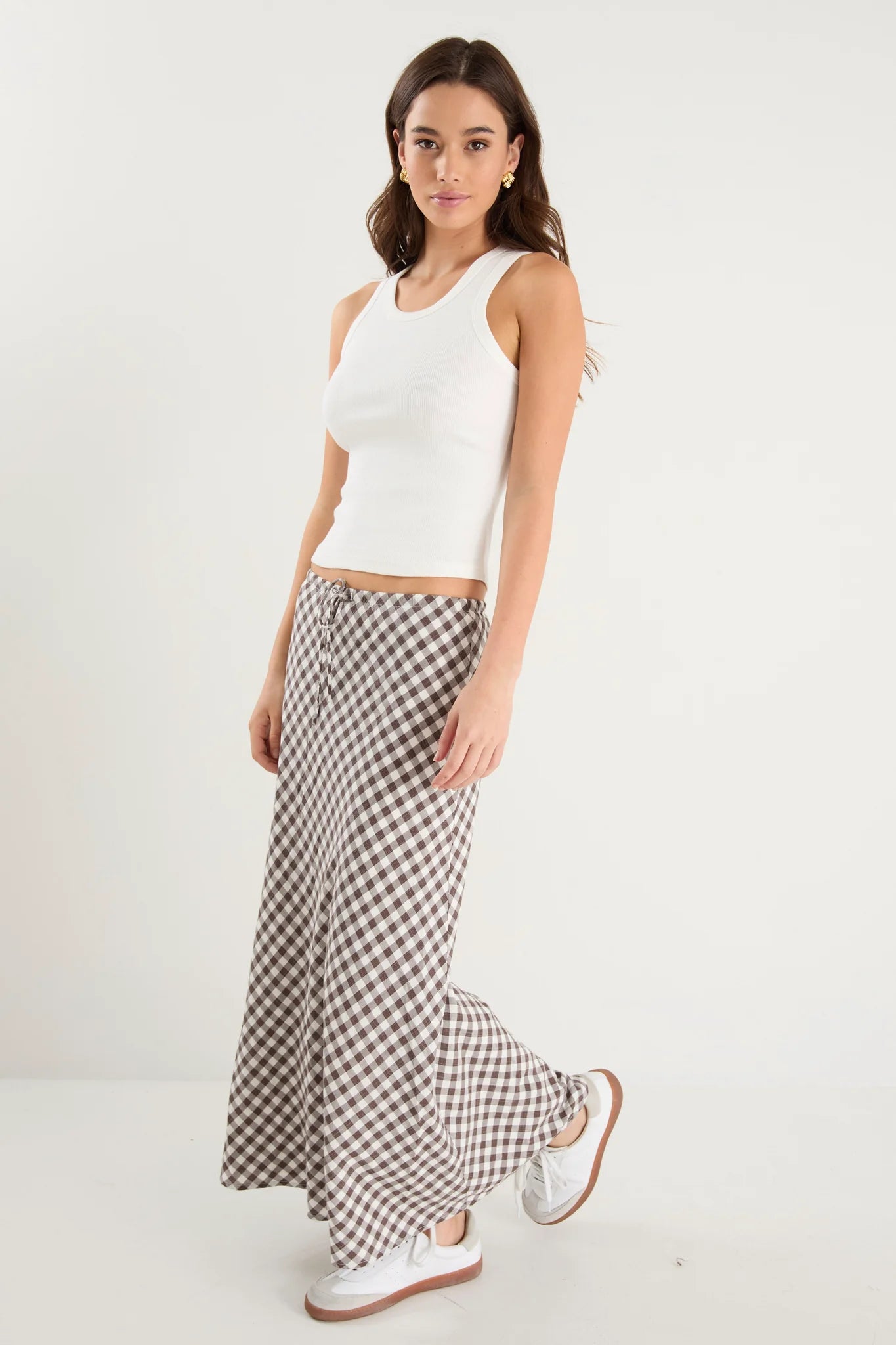 AMONG THE BRAVE SUMMIT CHOCOLATE GINGHAM COTTON BLEND TIE WAIST BIAS MAXI SKIRT - THE VOGUE STORE