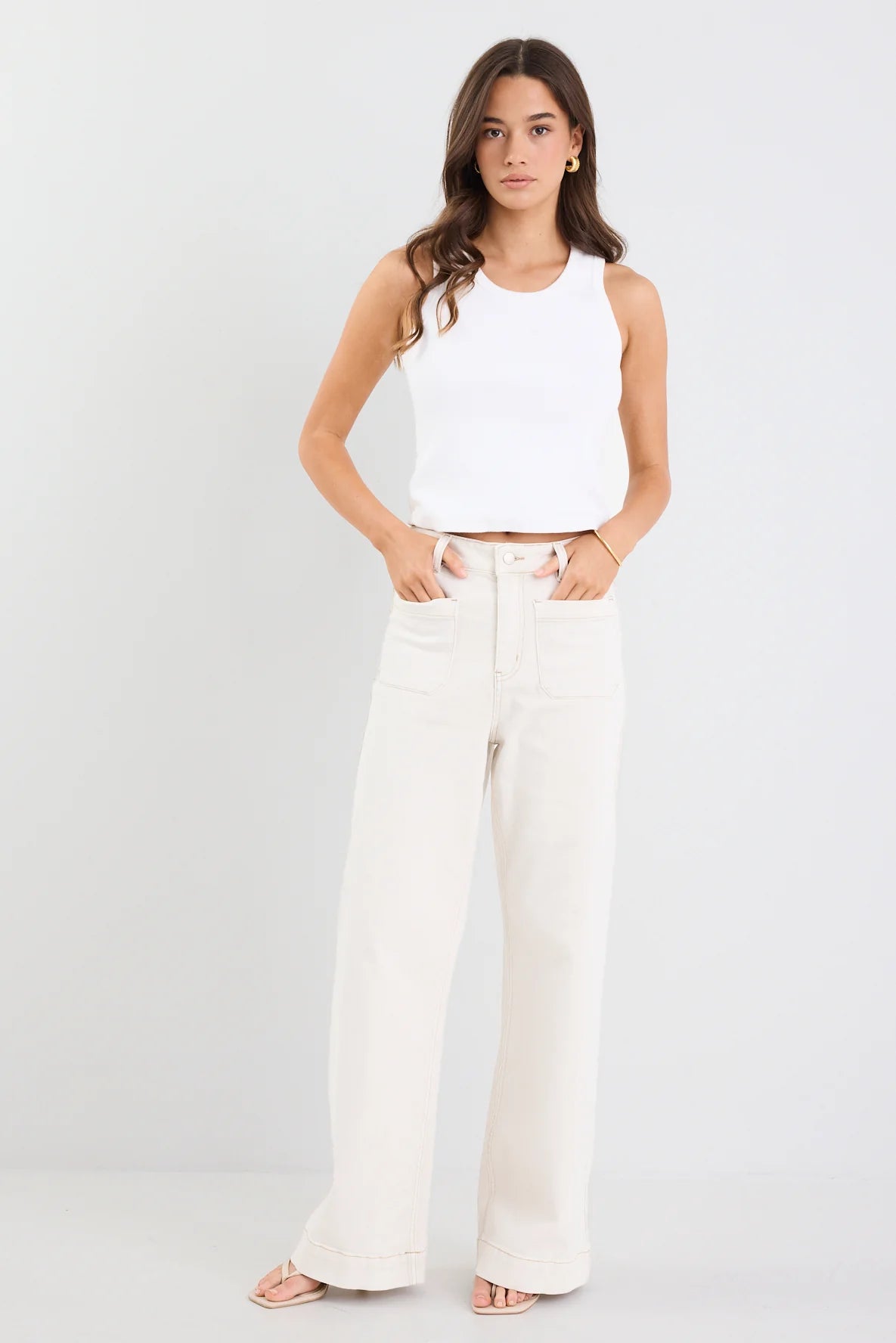 AMONG THE BRAVE ZOEY ECRU HIGH RISE WIDE LEG POCKET JEAN - ECRU - THE VOGUE STORE