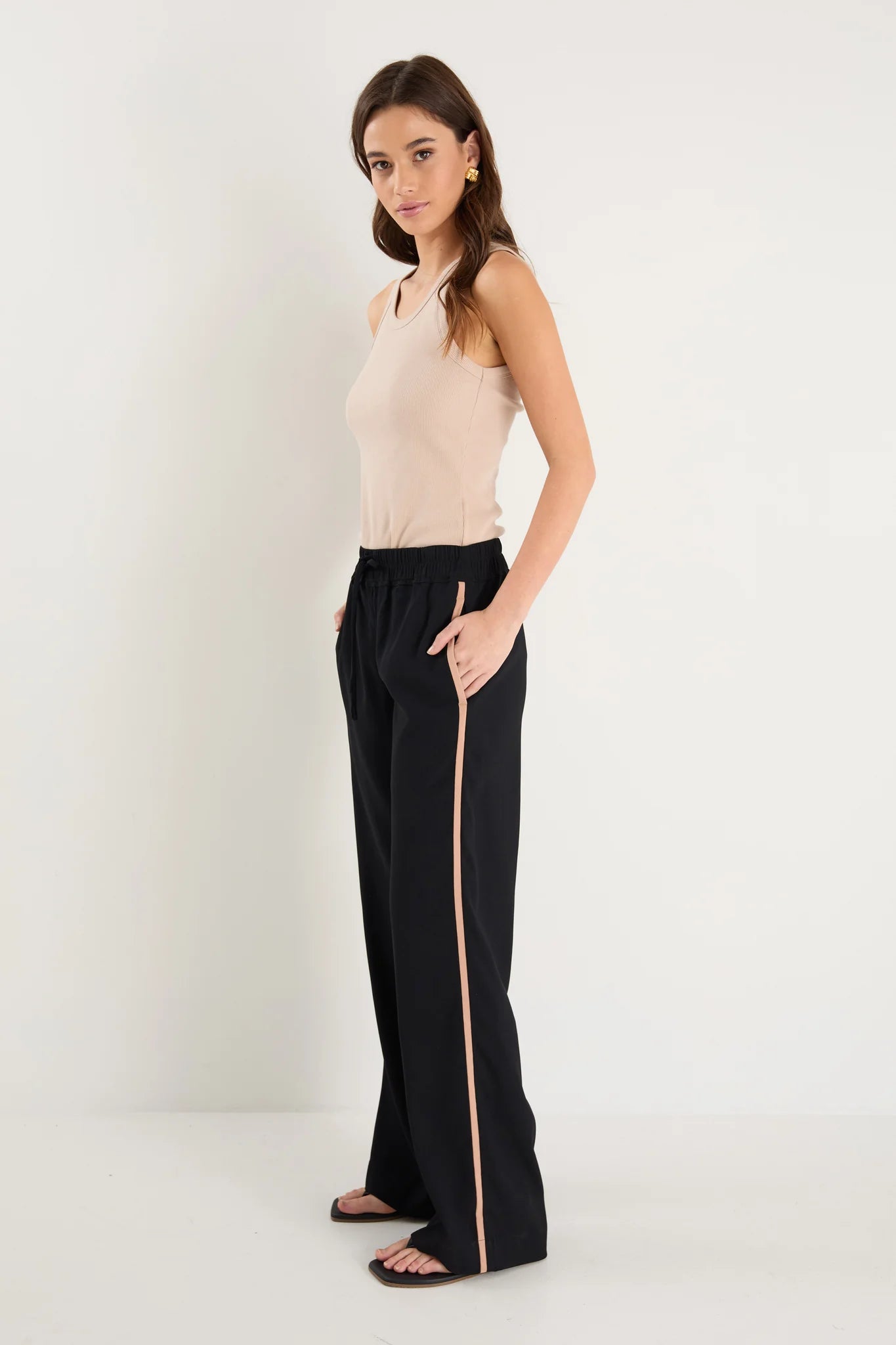 AMONG THE BRAVE CONFIDANT BLACK STRIPE LEG CREPE WIDE PANTS - THE VOGUE STORE