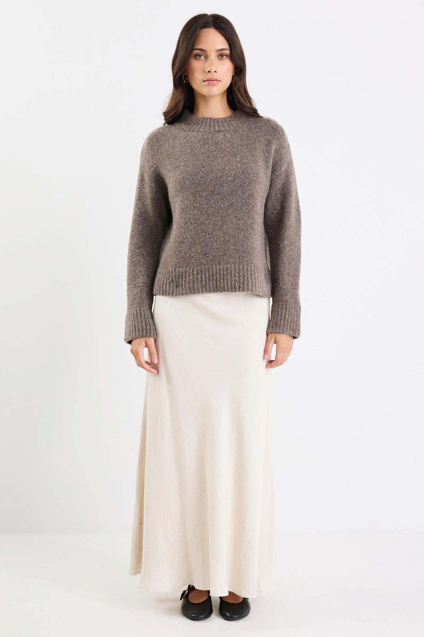 AMONG THE BRAVE COCOON MOCHA RELAXED KNIT MOCK NECK JUMPER - THE VOGUE STORE