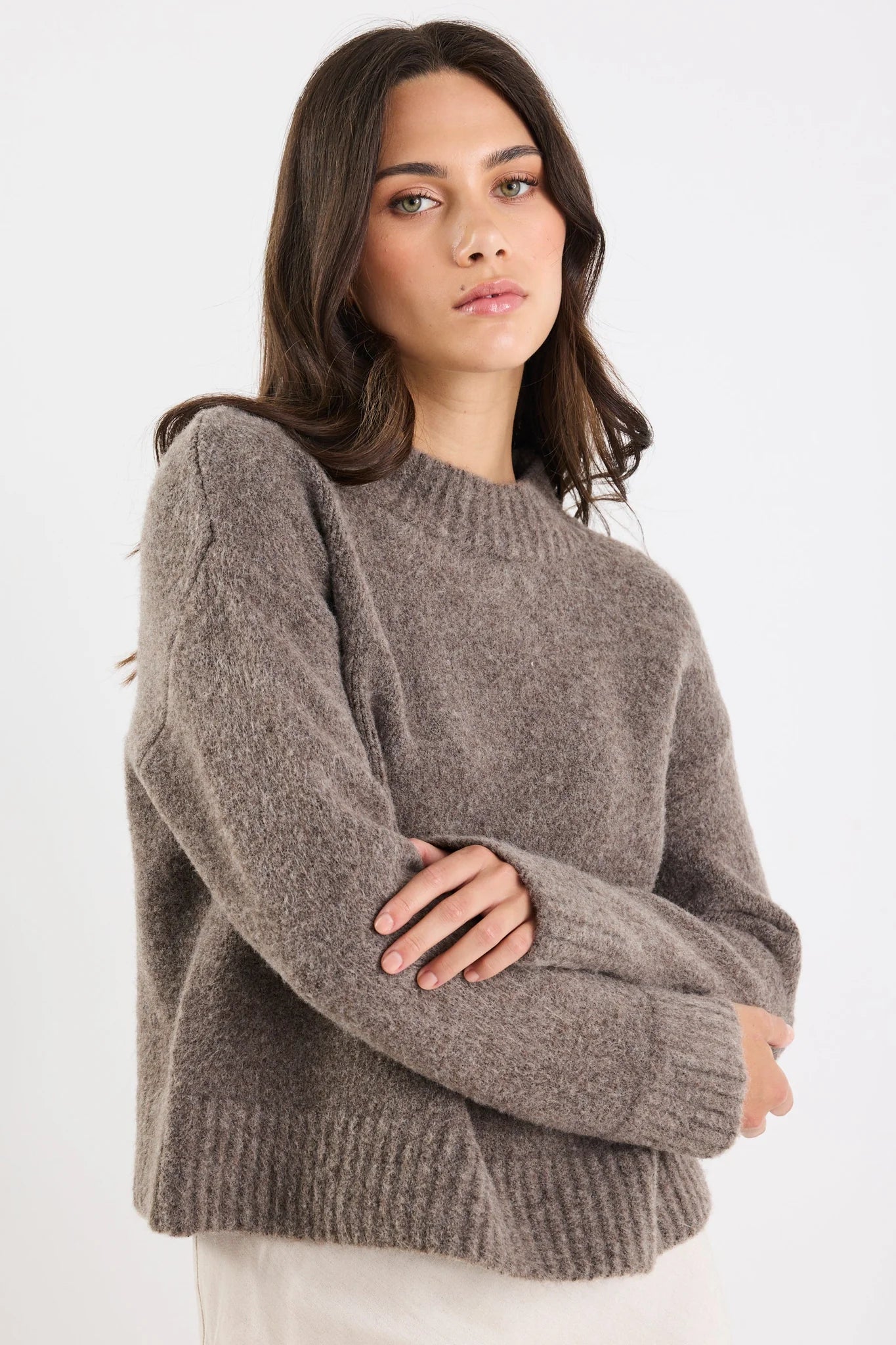 AMONG THE BRAVE COCOON MOCHA RELAXED KNIT MOCK NECK JUMPER - THE VOGUE STORE