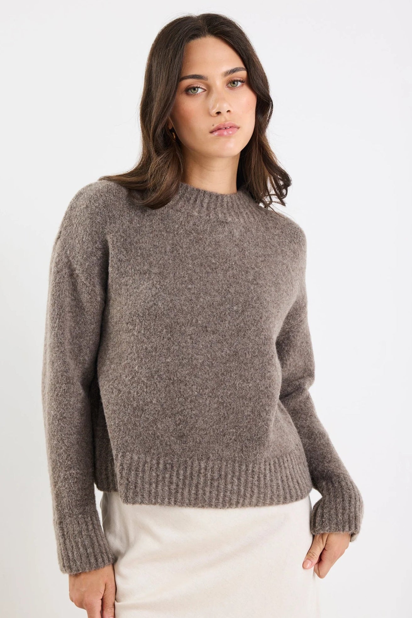 AMONG THE BRAVE COCOON MOCHA RELAXED KNIT MOCK NECK JUMPER - THE VOGUE STORE