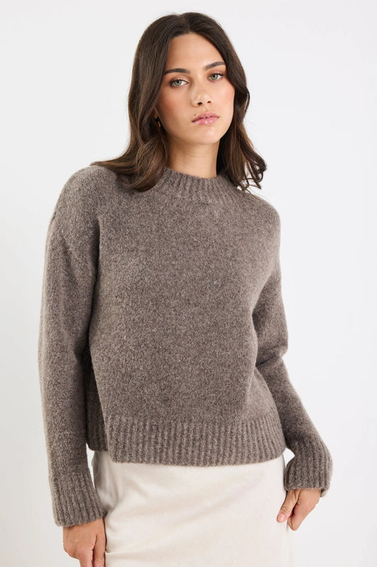 AMONG THE BRAVE COCOON MOCHA RELAXED KNIT MOCK NECK JUMPER - THE VOGUE STORE