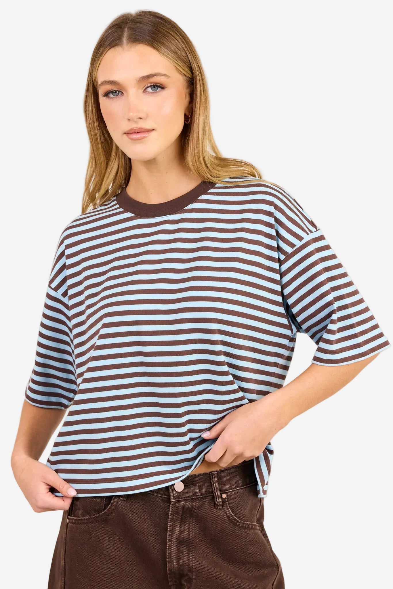 STORIES BE TOLD COHESION ICE BLUE CHOCOLATE STRIPE OVERSIZED CONTRAST BOXY SS TEE - THE VOGUE STORE