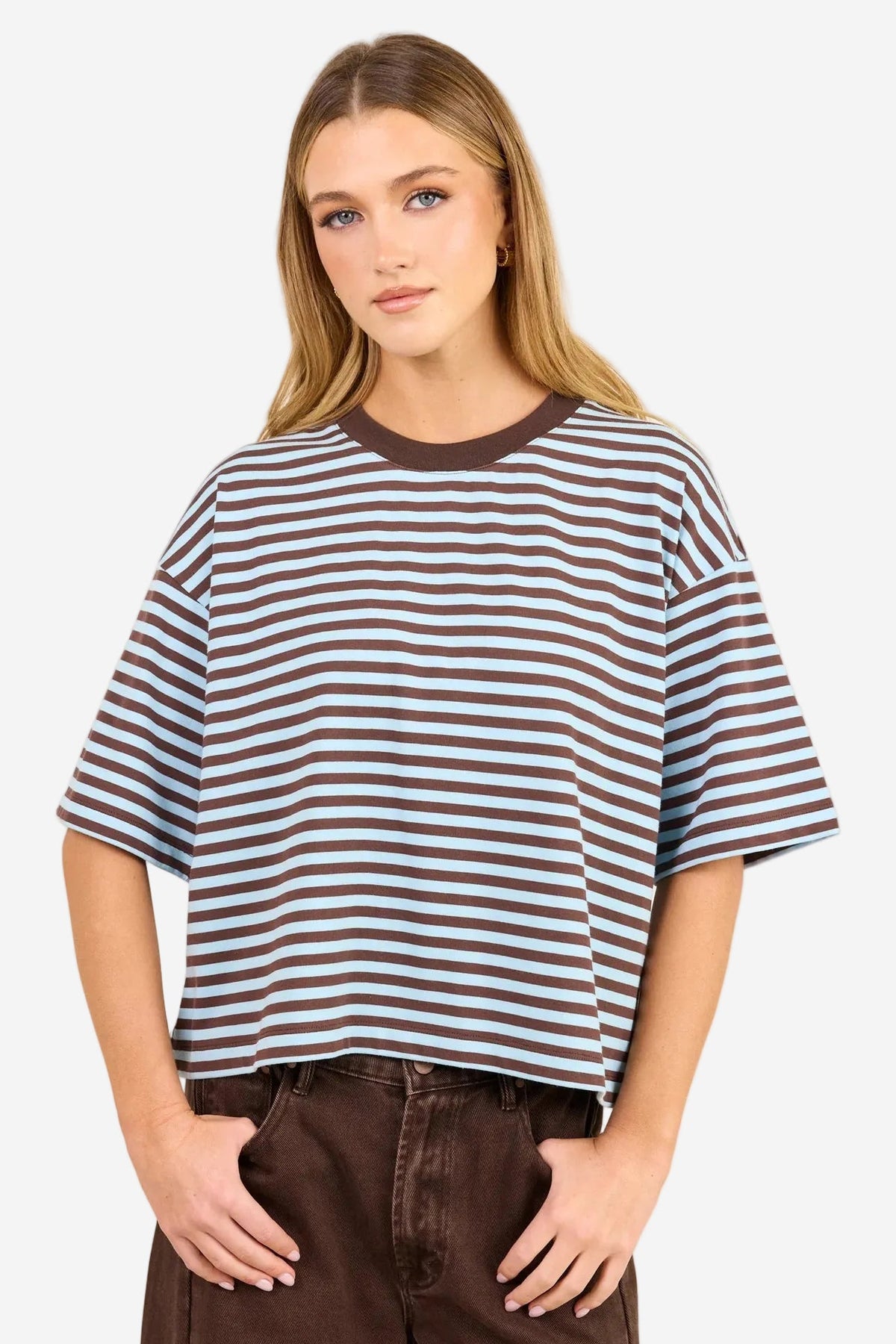 STORIES BE TOLD COHESION ICE BLUE CHOCOLATE STRIPE OVERSIZED CONTRAST BOXY SS TEE - THE VOGUE STORE
