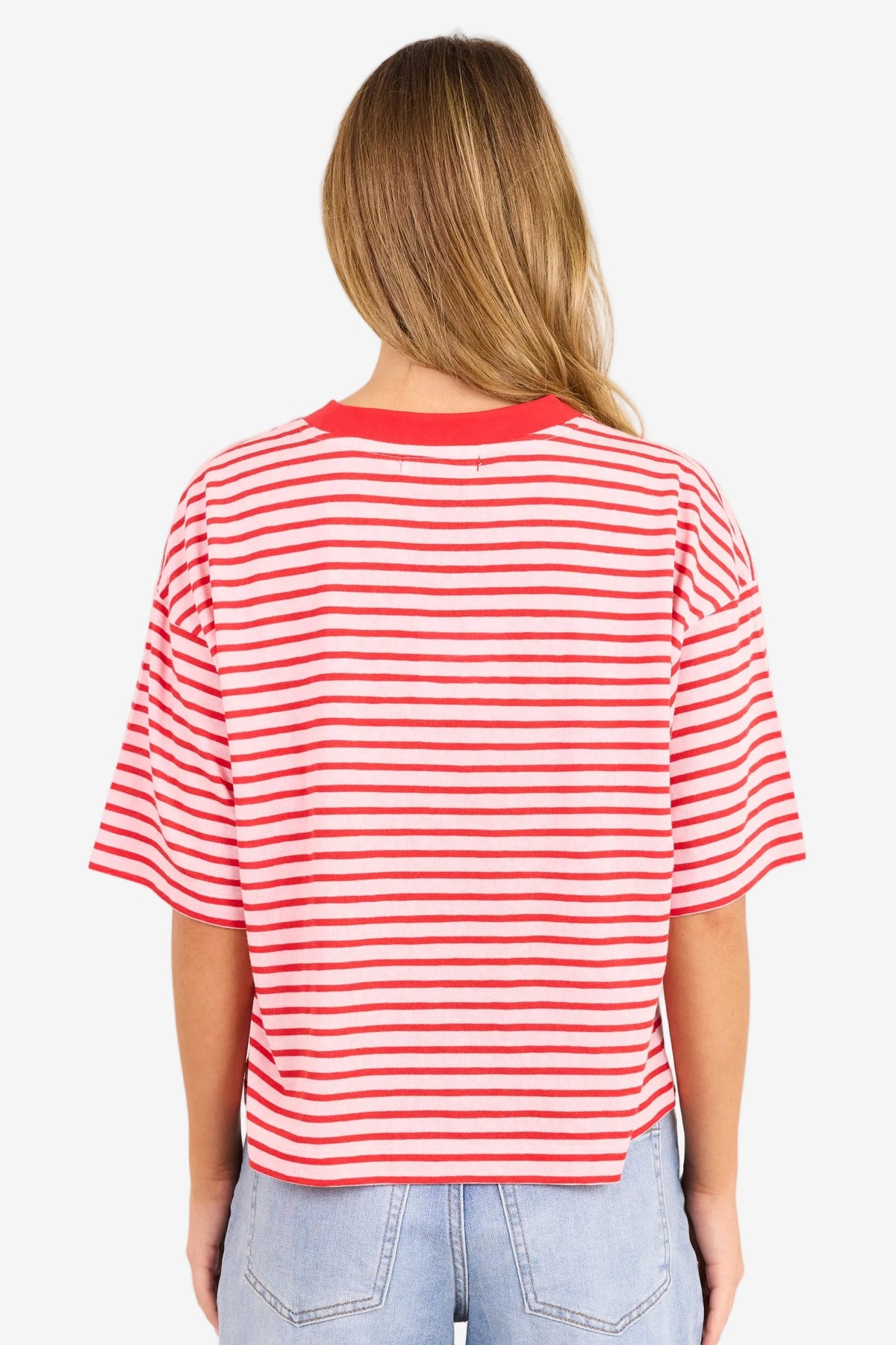 STORIES BE TOLD COHESION PINK RED STRIPE OVERSIZED CONTRAST BINDING BOXY SS TEE - THE VOGUE STORE