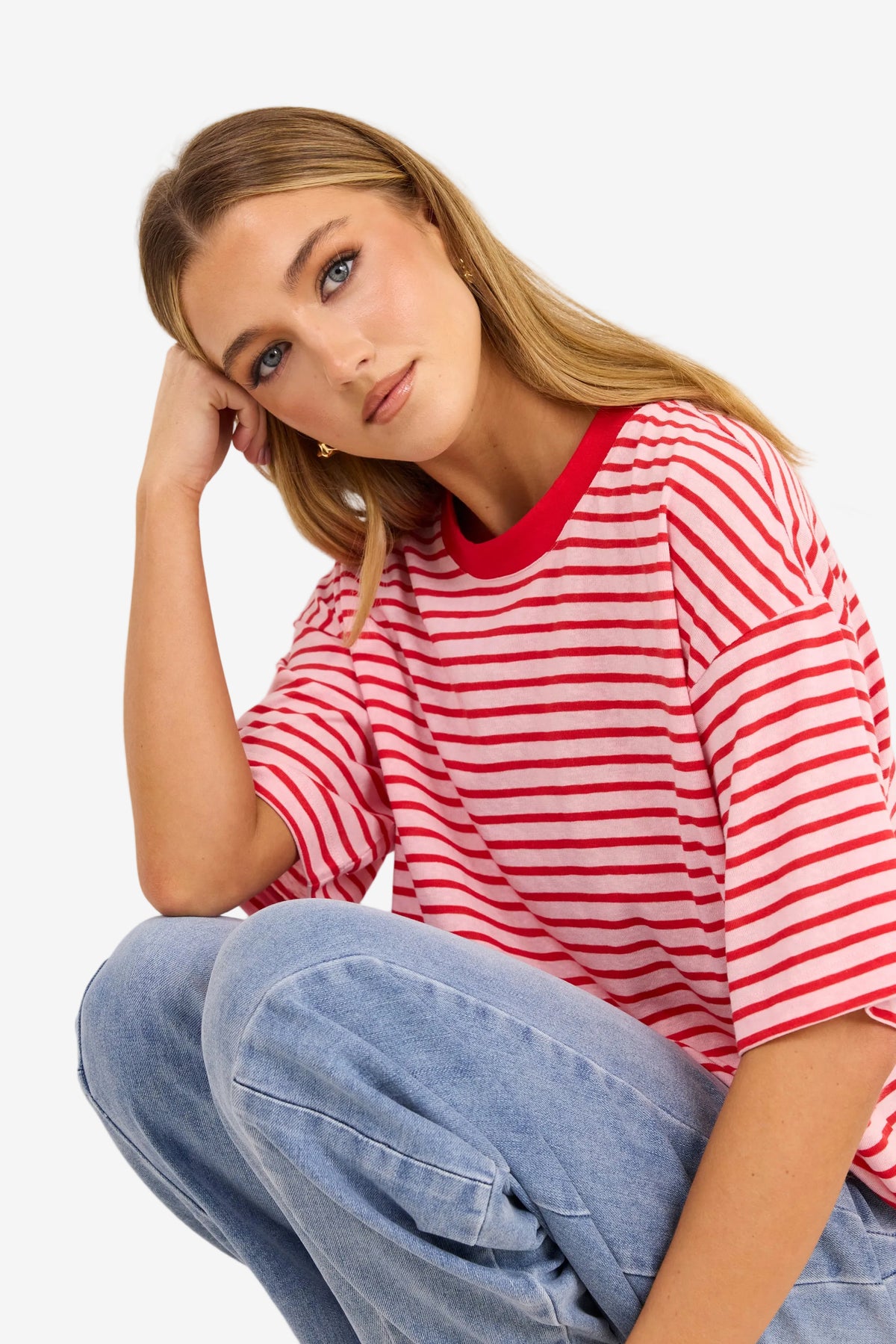 STORIES BE TOLD COHESION PINK RED STRIPE OVERSIZED CONTRAST BINDING BOXY SS TEE - THE VOGUE STORE