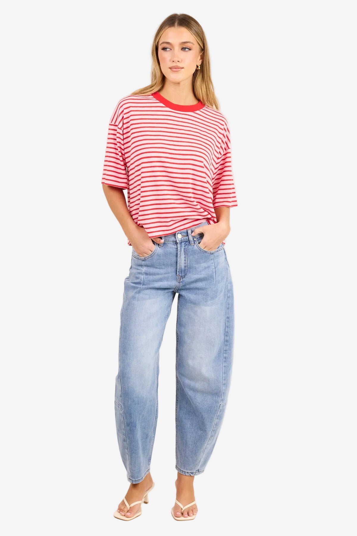 STORIES BE TOLD COHESION PINK RED STRIPE OVERSIZED CONTRAST BINDING BOXY SS TEE - THE VOGUE STORE