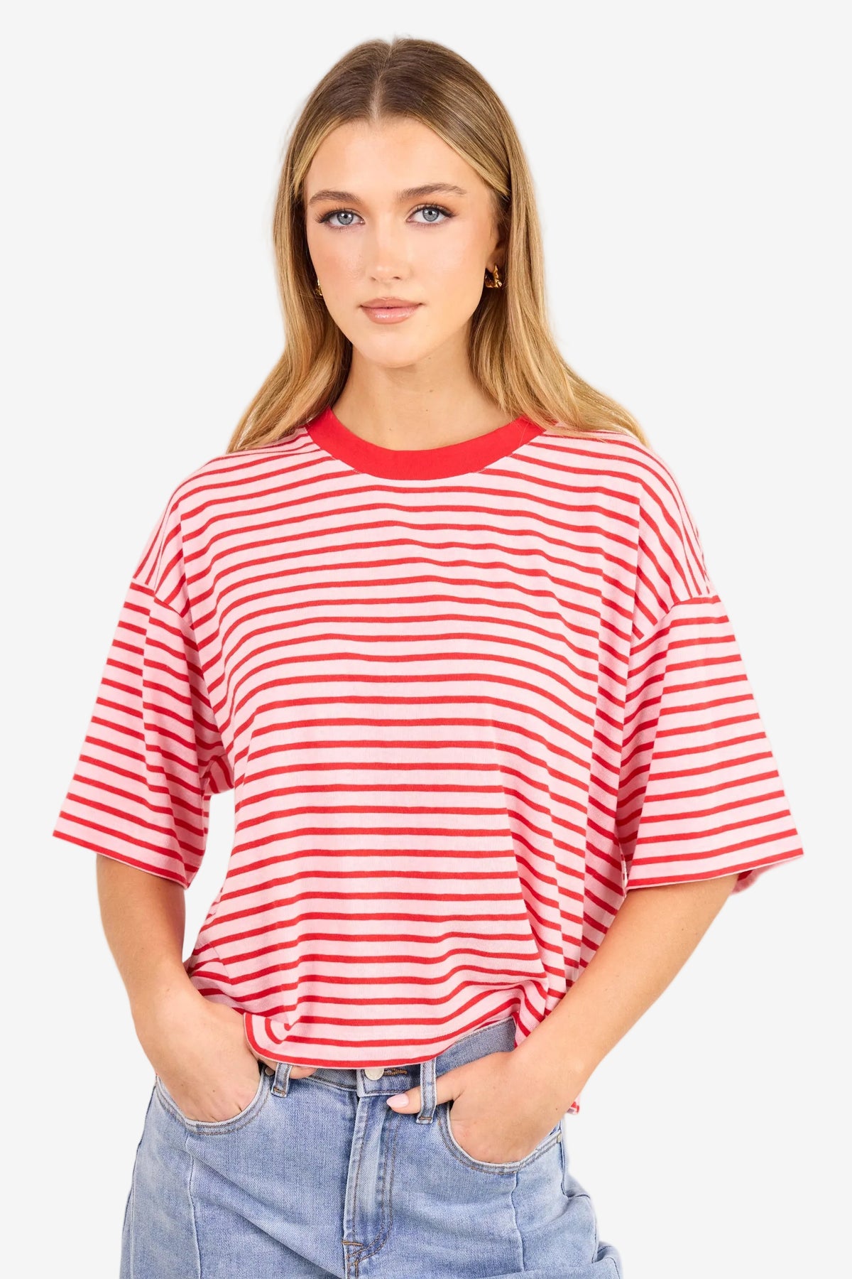 STORIES BE TOLD COHESION PINK RED STRIPE OVERSIZED CONTRAST BINDING BOXY SS TEE - THE VOGUE STORE