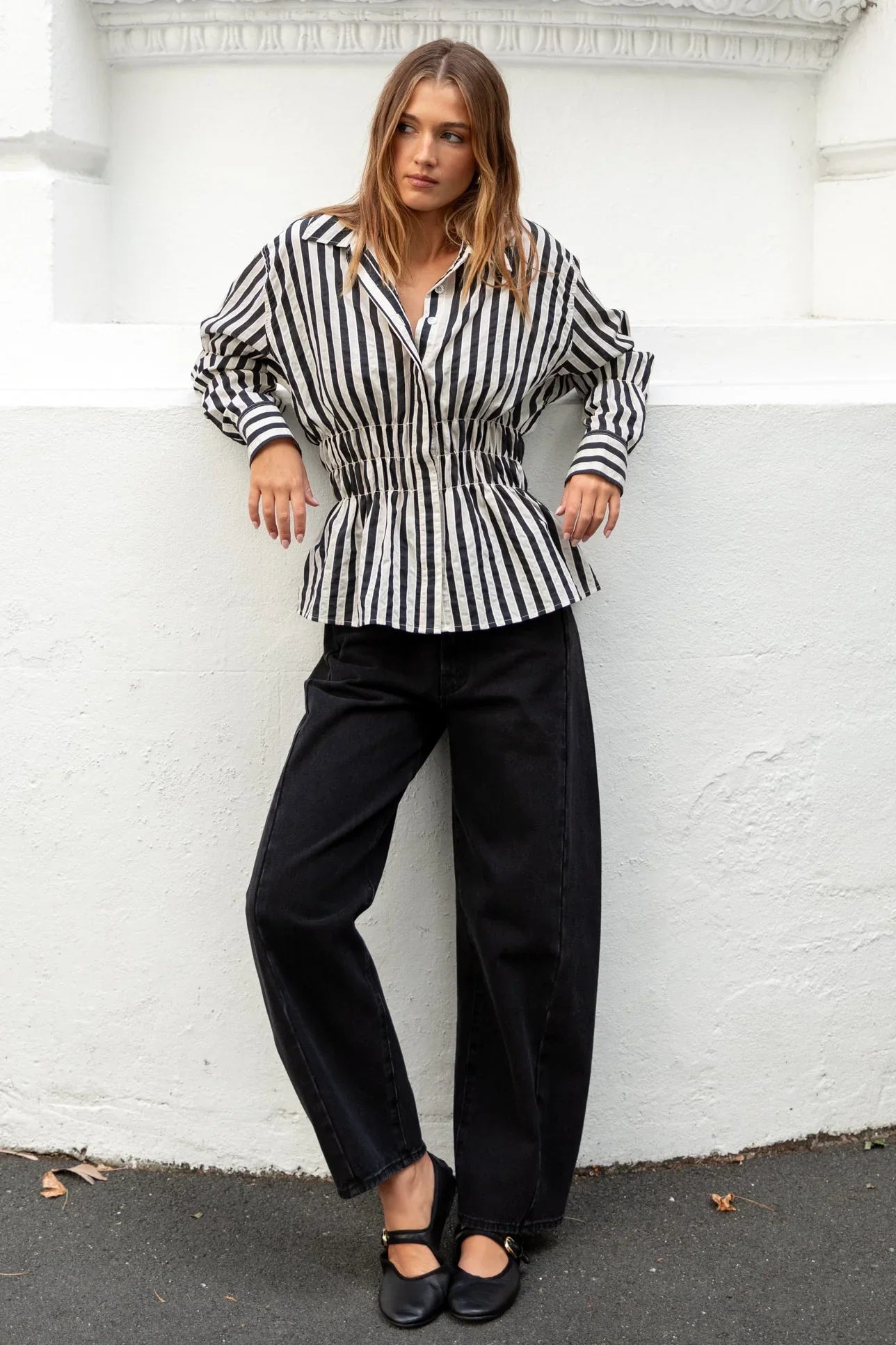 STORIES BE TOLD COMPOSITE BLACK BONE STRIPE SHIRRED BODY SHIRT - THE VOGUE STORE