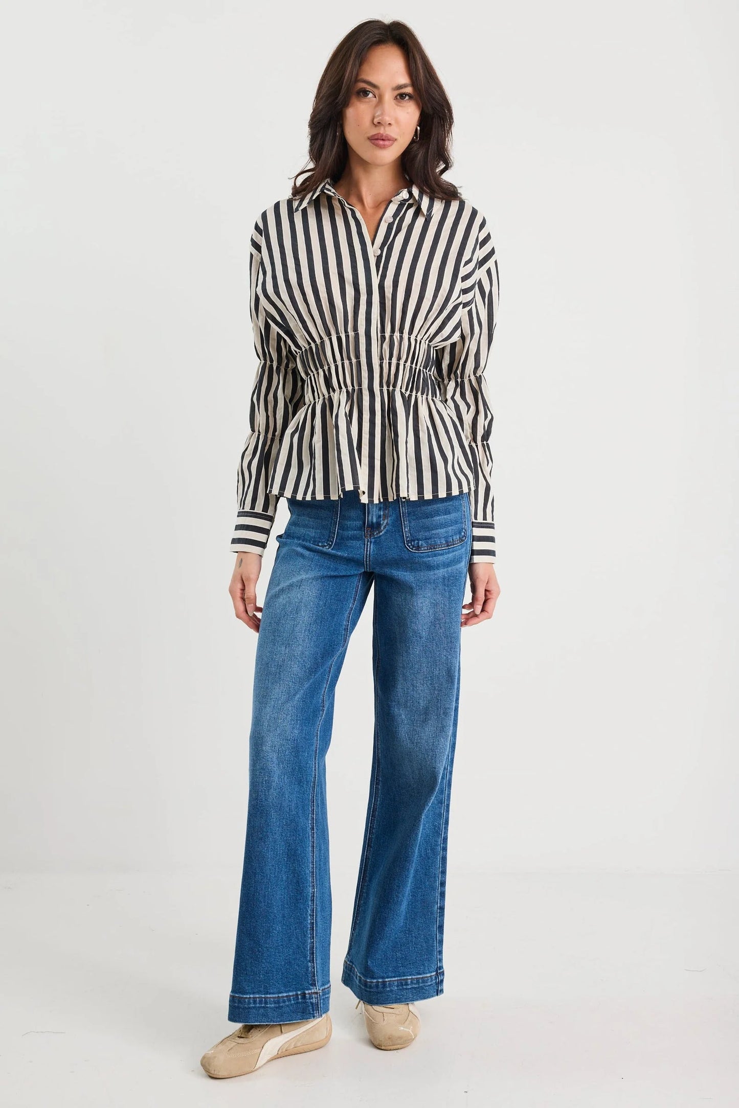 STORIES BE TOLD COMPOSITE BLACK BONE STRIPE SHIRRED BODY SHIRT - THE VOGUE STORE