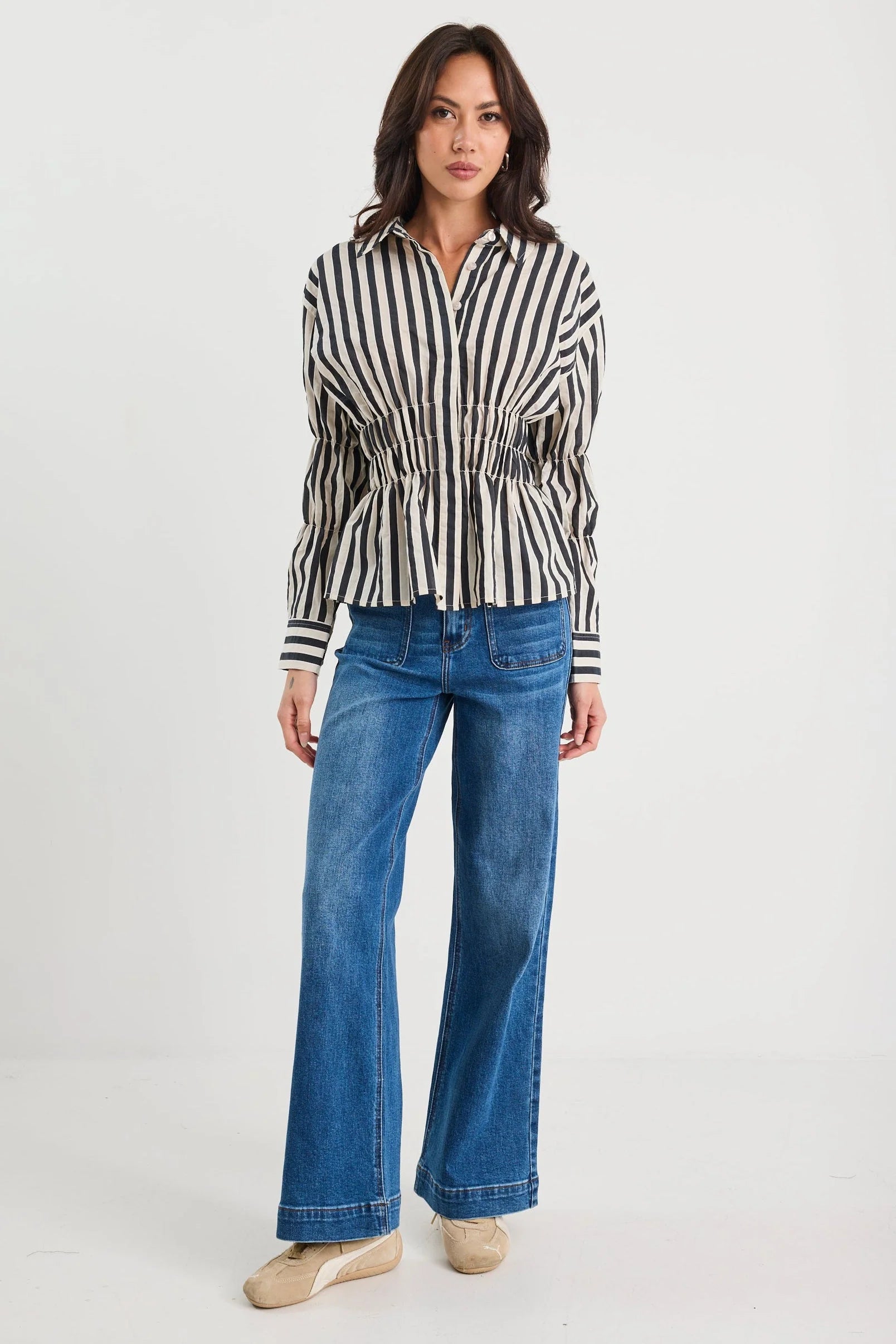 STORIES BE TOLD COMPOSITE BLACK BONE STRIPE SHIRRED BODY SHIRT - THE VOGUE STORE