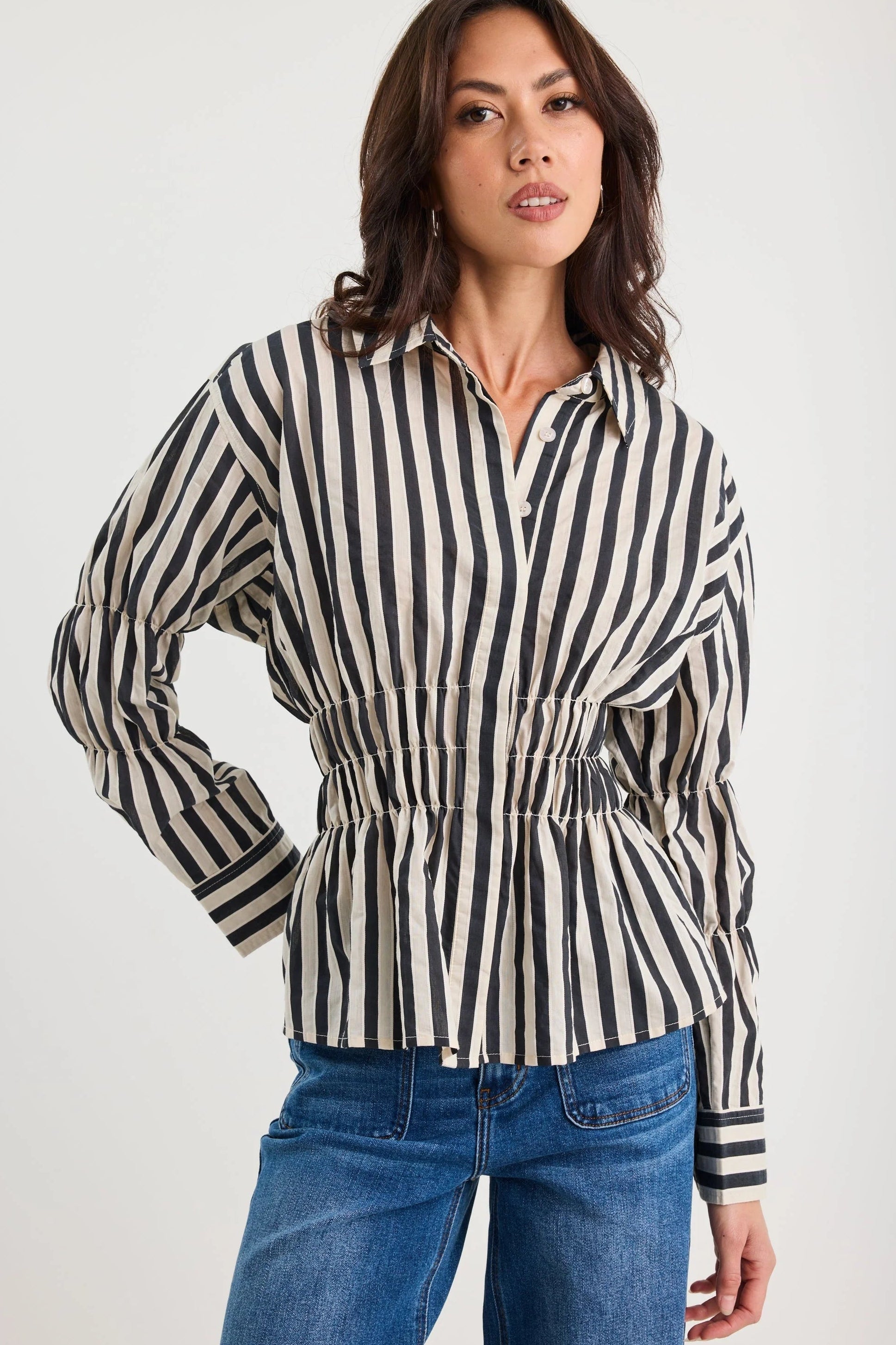 STORIES BE TOLD COMPOSITE BLACK BONE STRIPE SHIRRED BODY SHIRT - THE VOGUE STORE
