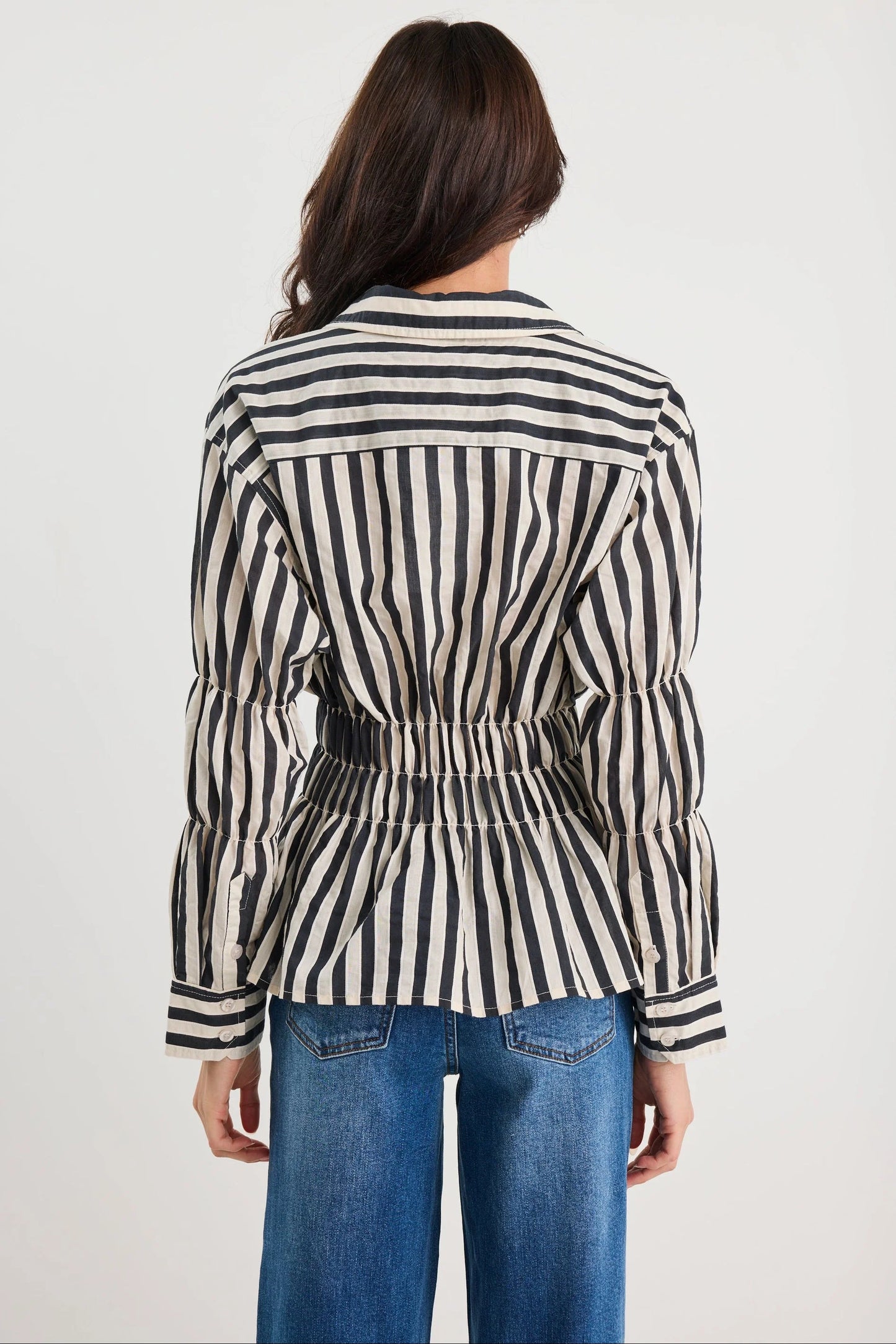 STORIES BE TOLD COMPOSITE BLACK BONE STRIPE SHIRRED BODY SHIRT - THE VOGUE STORE