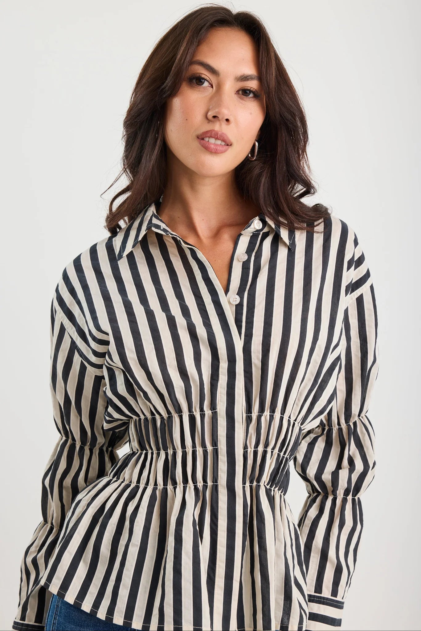 STORIES BE TOLD COMPOSITE BLACK BONE STRIPE SHIRRED BODY SHIRT - THE VOGUE STORE