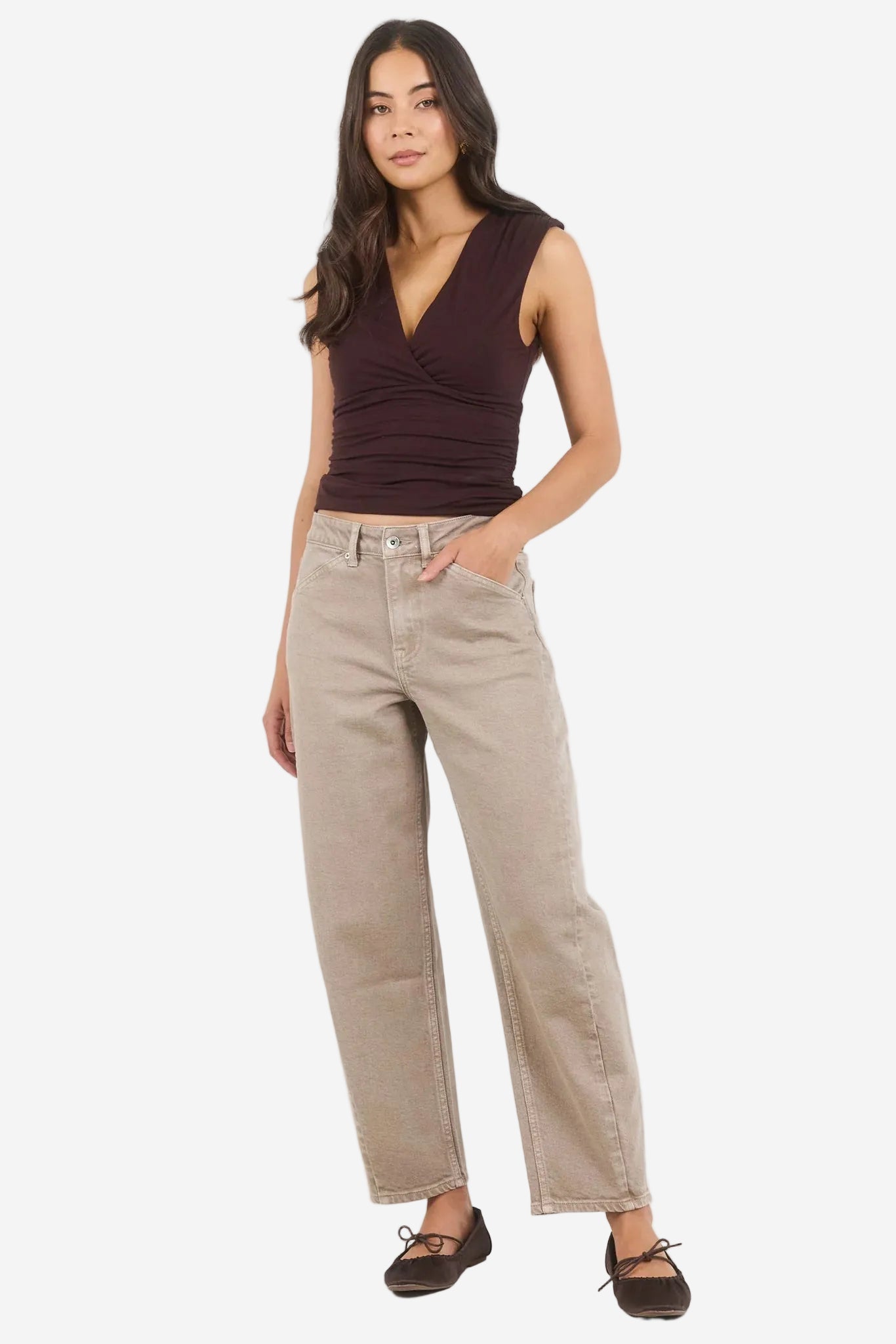 STORIES BE TOLD IDOLISE TAUPE STRETCH SOFT BARREL JEAN - THE VOGUE STORE
