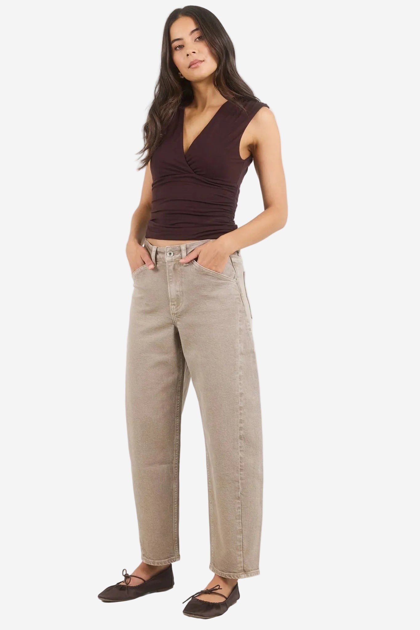 STORIES BE TOLD IDOLISE TAUPE STRETCH SOFT BARREL JEAN - THE VOGUE STORE