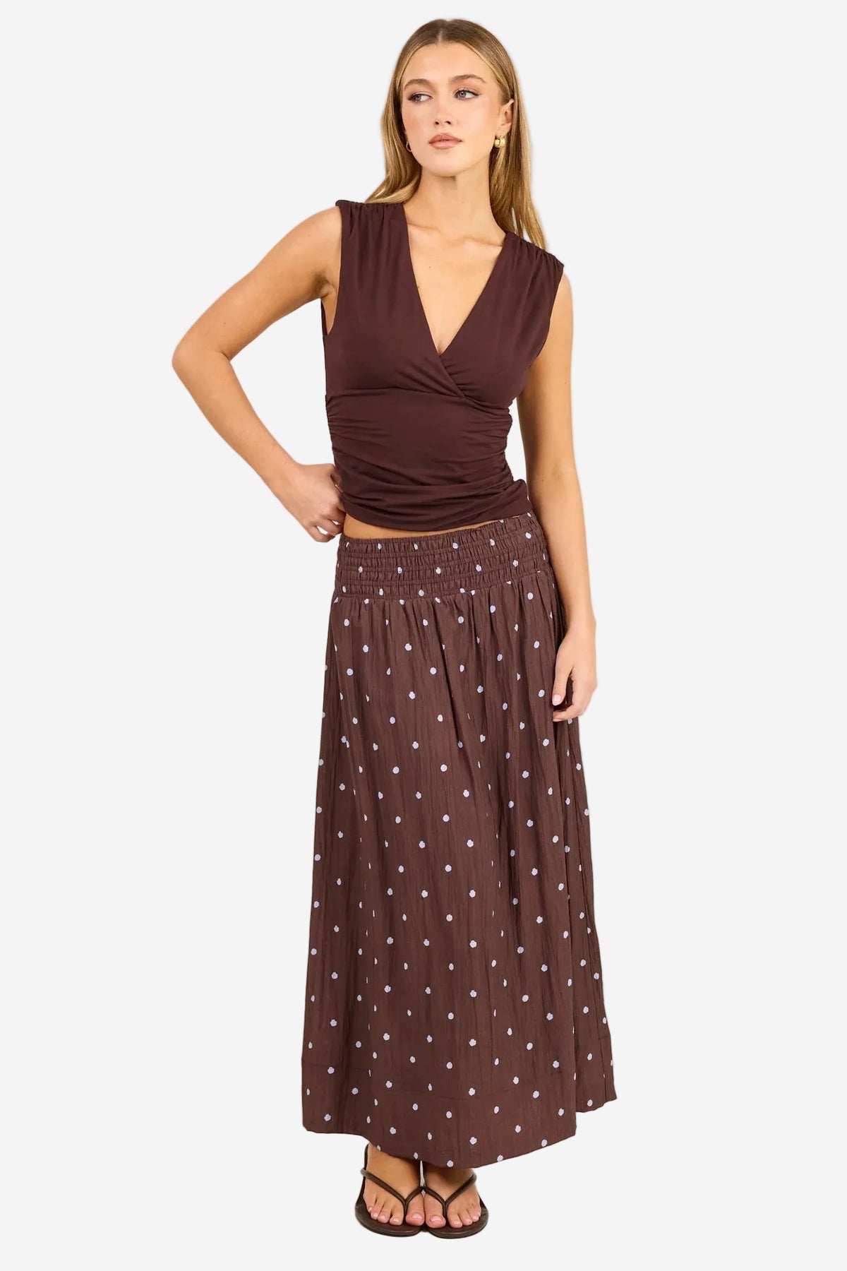STORIES BE TOLD WANDERLUST MOCHA BLUE POLKA DOT SHIRRED WAIST MAXI SKIRT - THE VOGUE STORE