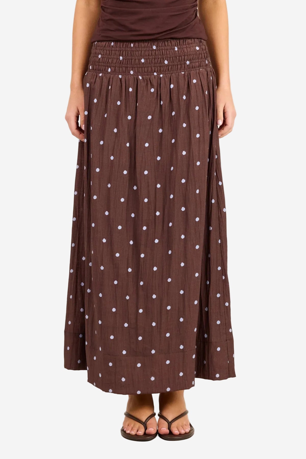 STORIES BE TOLD WANDERLUST MOCHA BLUE POLKA DOT SHIRRED WAIST MAXI SKIRT - THE VOGUE STORE