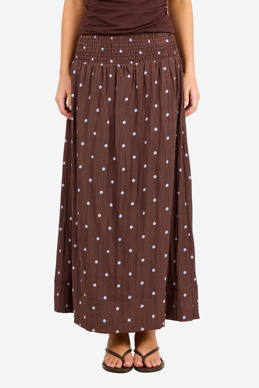 STORIES BE TOLD WANDERLUST MOCHA BLUE POLKA DOT SHIRRED WAIST MAXI SKIRT - THE VOGUE STORE