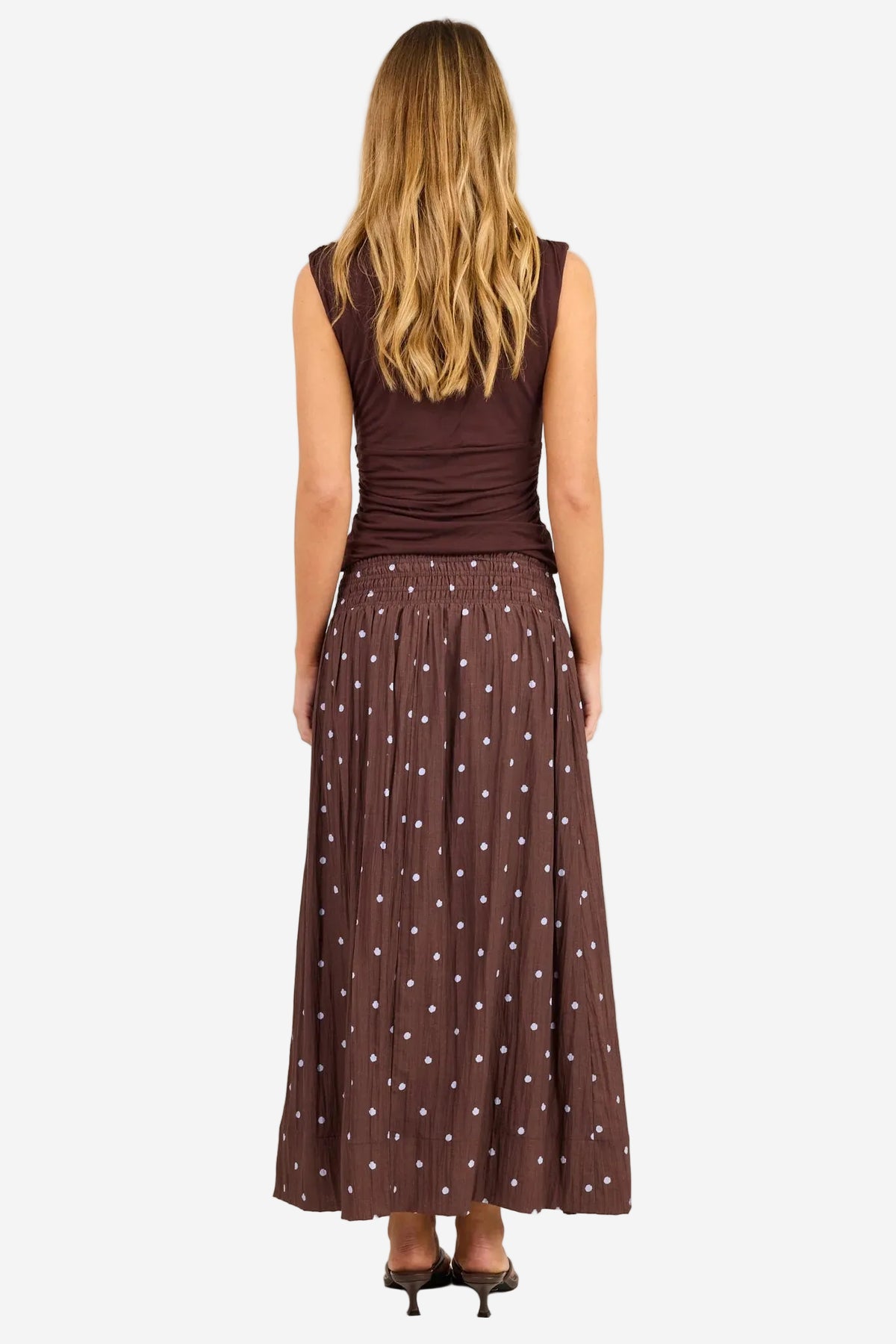 STORIES BE TOLD WANDERLUST MOCHA BLUE POLKA DOT SHIRRED WAIST MAXI SKIRT - THE VOGUE STORE