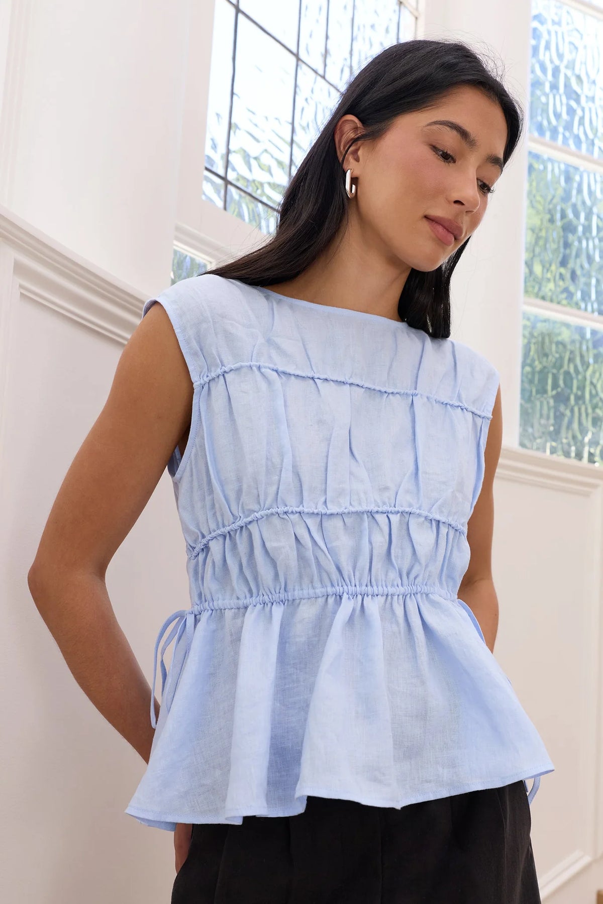 STORIES BE TOLD CONTEXT ICE BLUE LINEN RELAXED SLEEVELESS TOP - THE VOGUE STORE