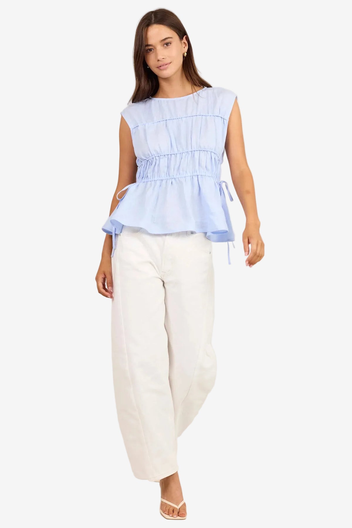 STORIES BE TOLD CONTEXT ICE BLUE LINEN RELAXED SLEEVELESS TOP - THE VOGUE STORE