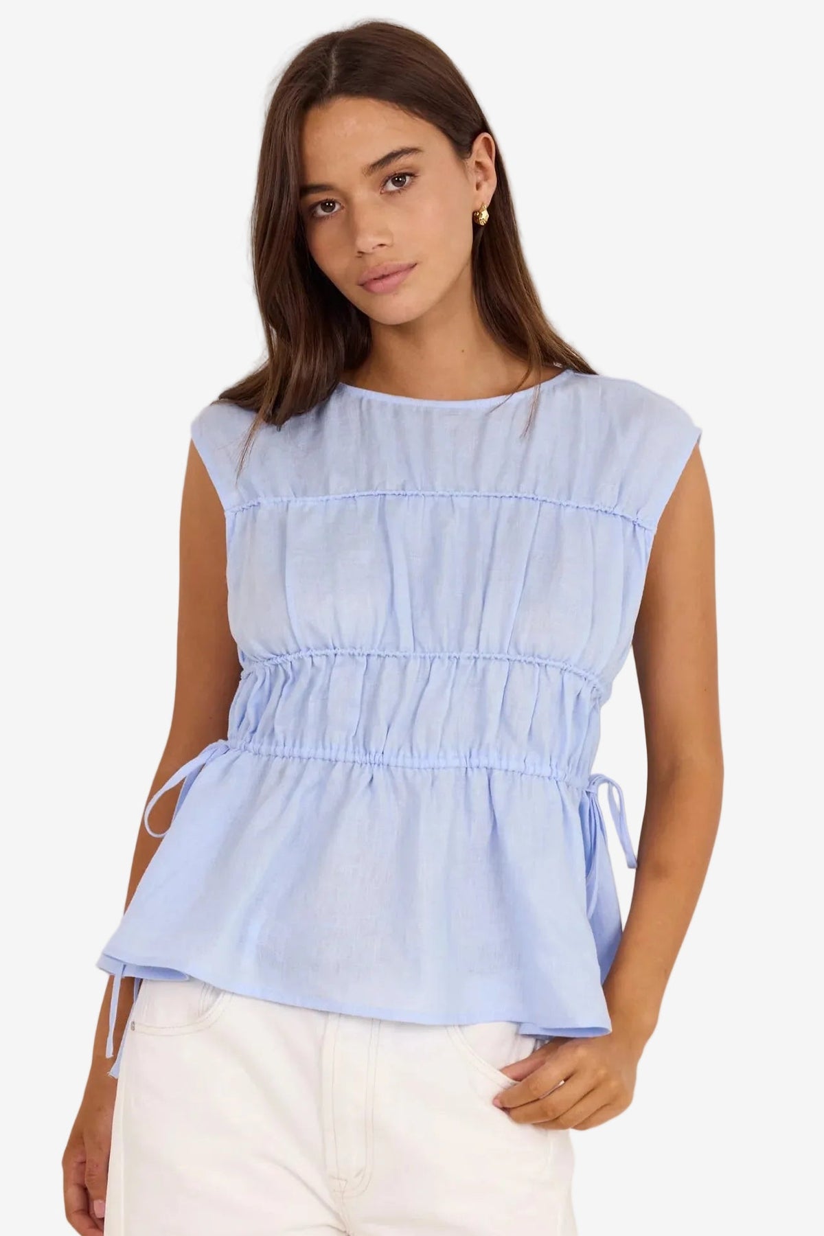 STORIES BE TOLD CONTEXT ICE BLUE LINEN RELAXED SLEEVELESS TOP - THE VOGUE STORE