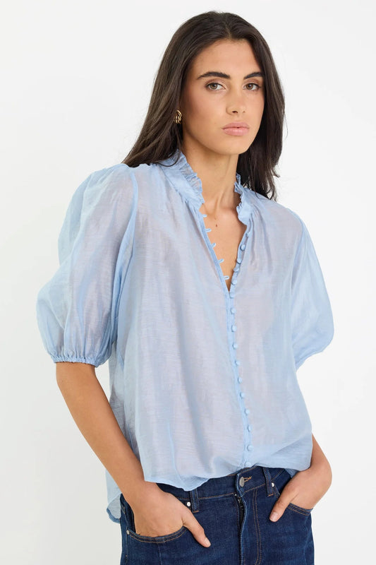 IVY + JACK CONTINUANCE PALE BLUE HIGH NECK BUTTONED SS TOP - THE VOGUE STORE