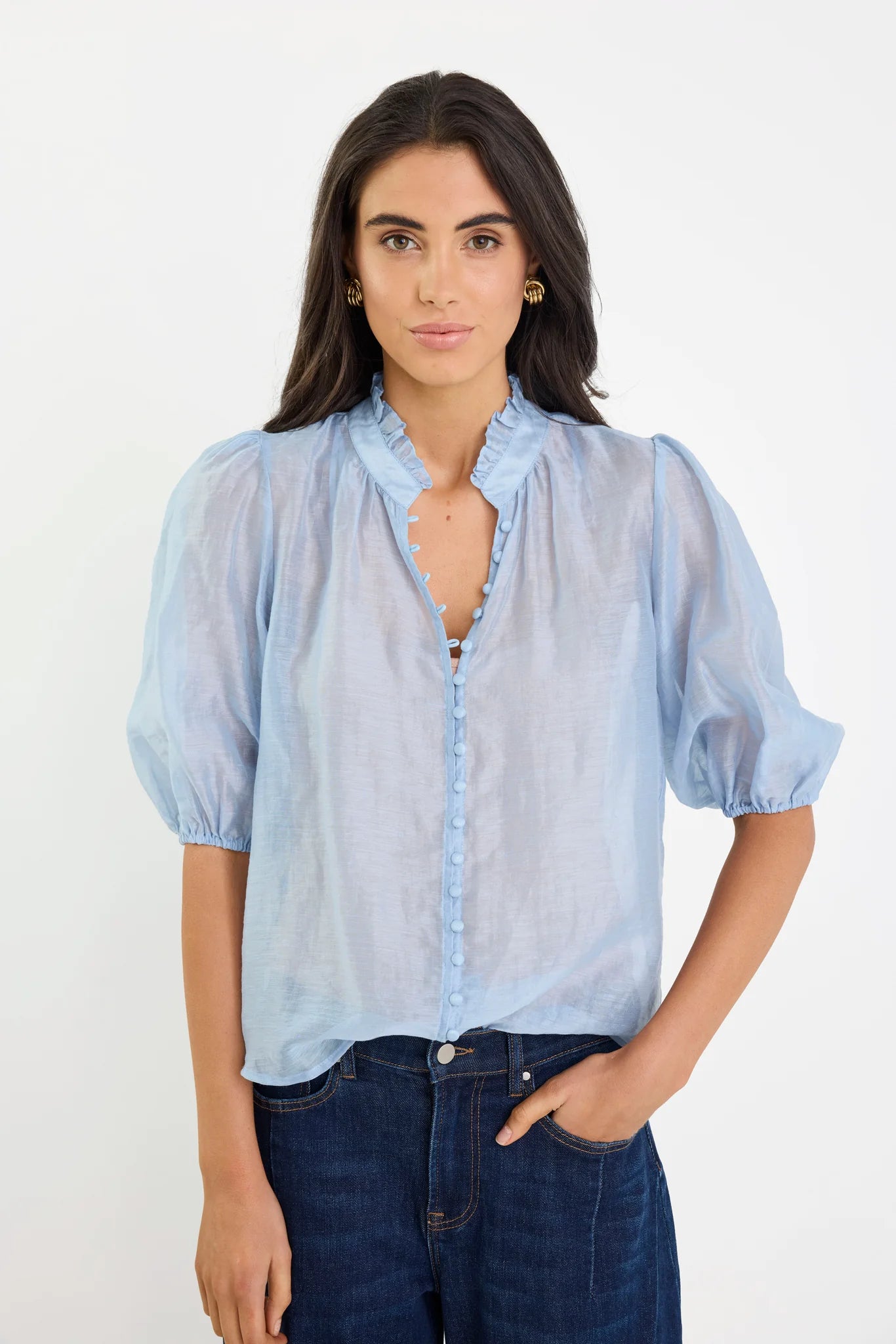 IVY + JACK CONTINUANCE PALE BLUE HIGH NECK BUTTONED SS TOP - THE VOGUE STORE