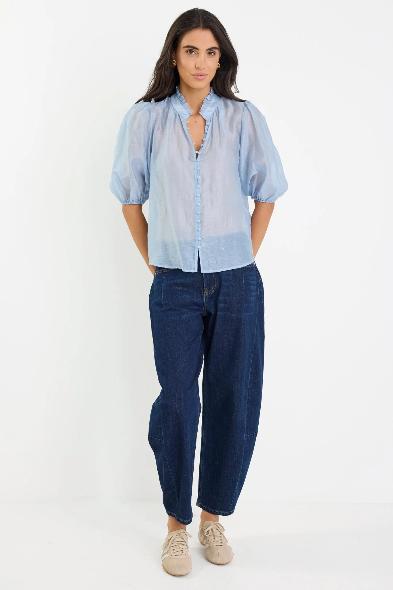 IVY + JACK CONTINUANCE PALE BLUE HIGH NECK BUTTONED SS TOP - THE VOGUE STORE