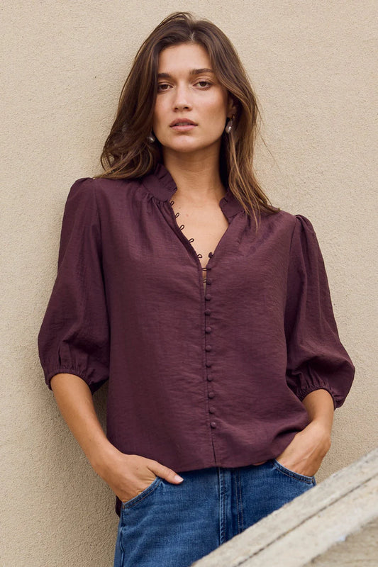 IVY + JACK CONTINUANCE CHOCOLATE SEMI SHEER HIGH NECK BUTTONED SHORT SLEEVE TOP - THE VOGUE STORE