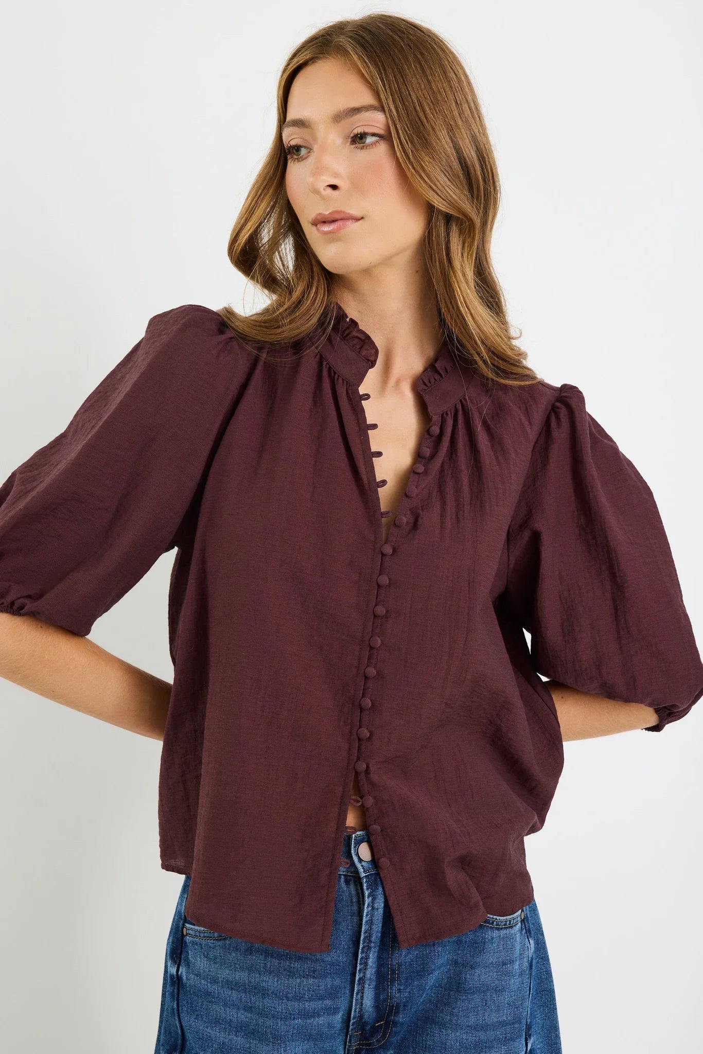 IVY + JACK CONTINUANCE CHOCOLATE SEMI SHEER HIGH NECK BUTTONED SHORT SLEEVE TOP - THE VOGUE STORE