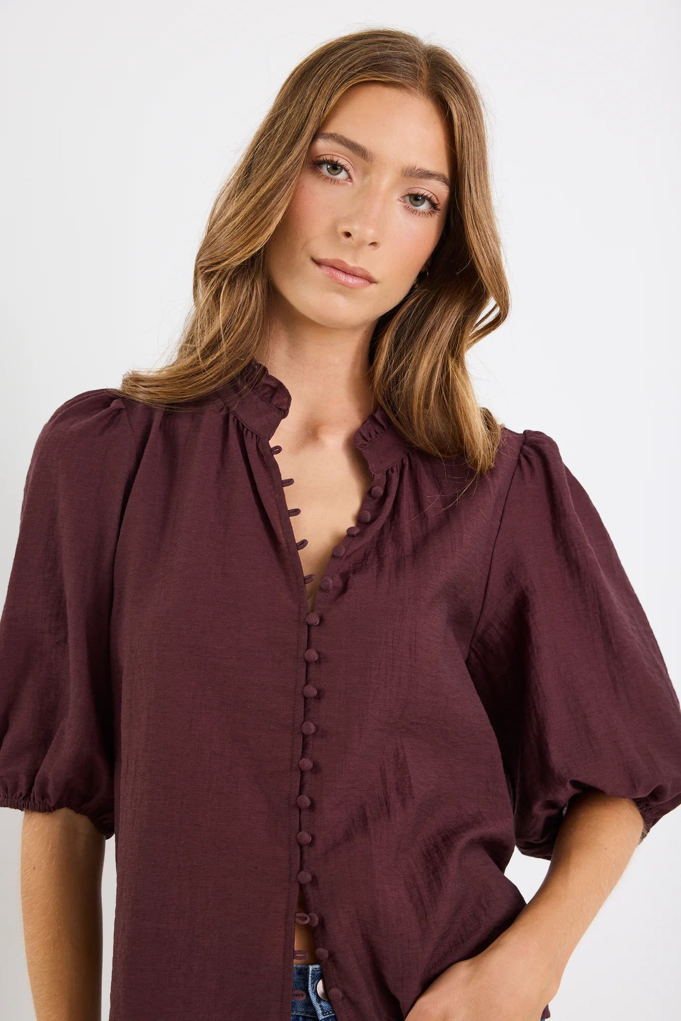 IVY + JACK CONTINUANCE CHOCOLATE SEMI SHEER HIGH NECK BUTTONED SHORT SLEEVE TOP - THE VOGUE STORE