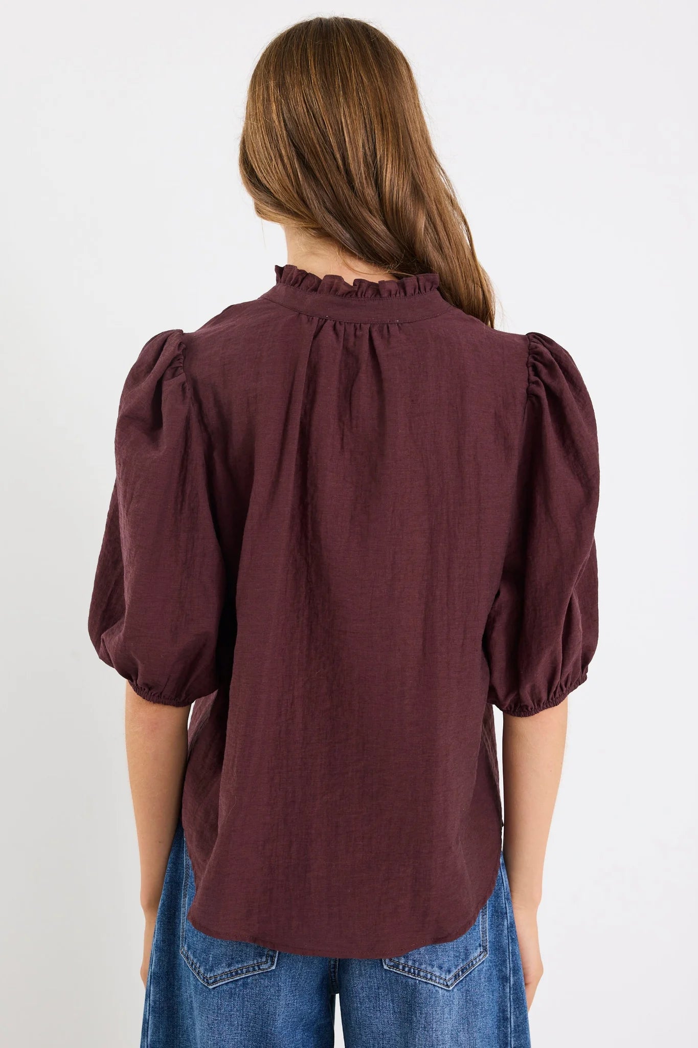 IVY + JACK CONTINUANCE CHOCOLATE SEMI SHEER HIGH NECK BUTTONED SHORT SLEEVE TOP - THE VOGUE STORE
