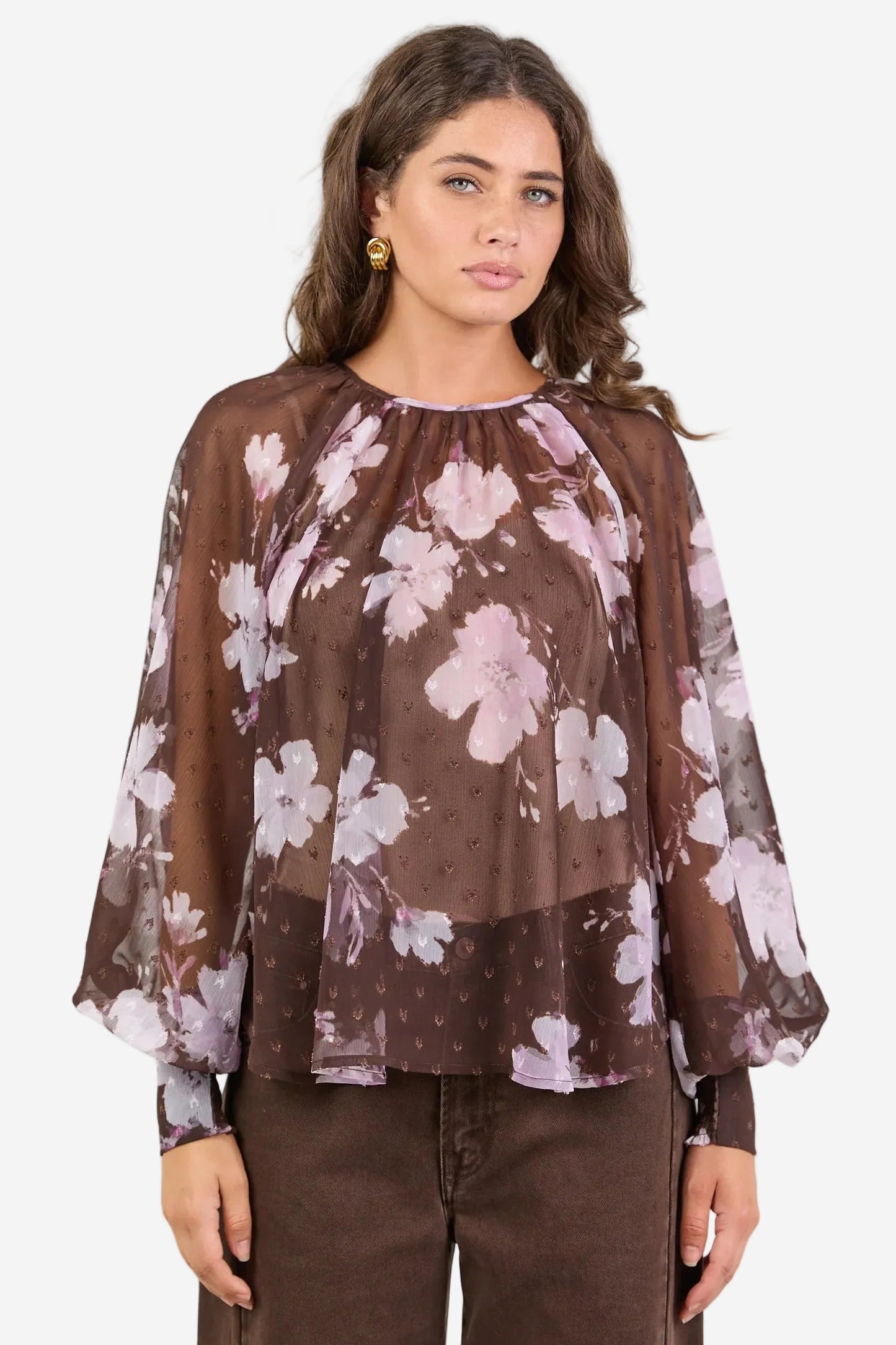 STORIES BE TOLD COSMOPOLITAN COCOA BLOSSOM CREW NECK LONG SLEEVE TOP - THE VOGUE STORE