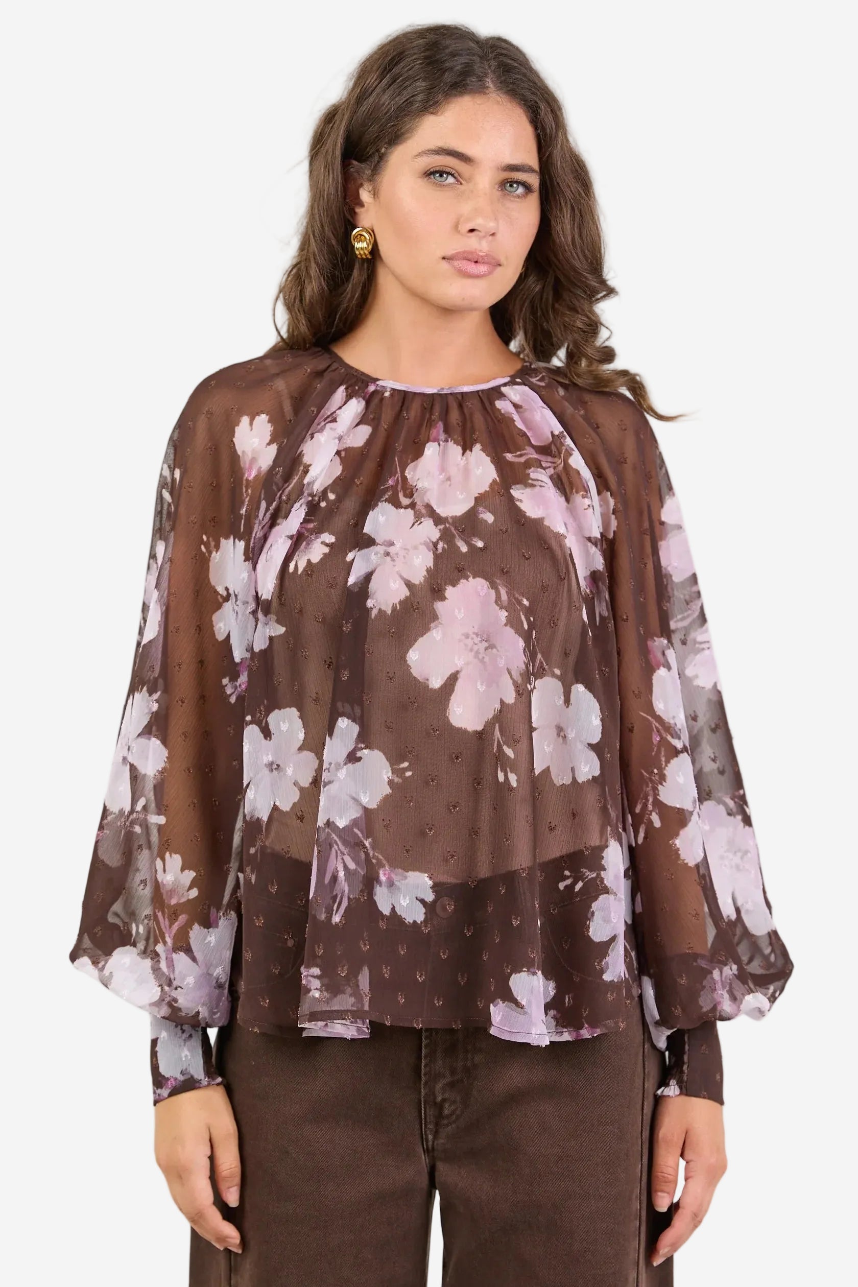 STORIES BE TOLD COSMOPOLITAN COCOA BLOSSOM CREW NECK LONG SLEEVE TOP - THE VOGUE STORE