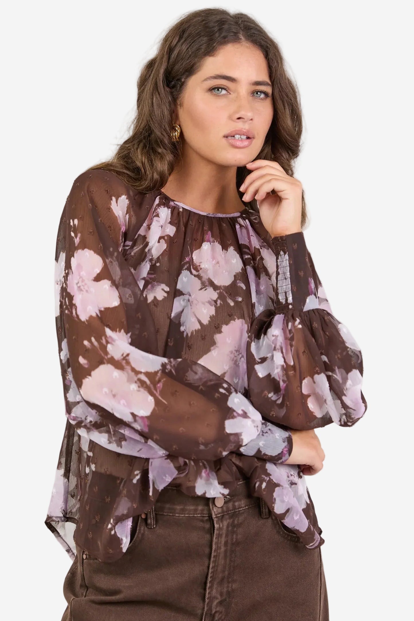 STORIES BE TOLD COSMOPOLITAN COCOA BLOSSOM CREW NECK LONG SLEEVE TOP - THE VOGUE STORE