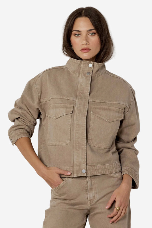 STORIES BE TOLD CRAFTED TAUPE FUNNEL NECK DENIM JACKET - THE VOGUE STORE