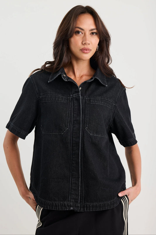 STORIES BE TOLD CRUCIAL BLACK DENIM SHORT SLEEVE SHACKET - THE VOGUE STORE
