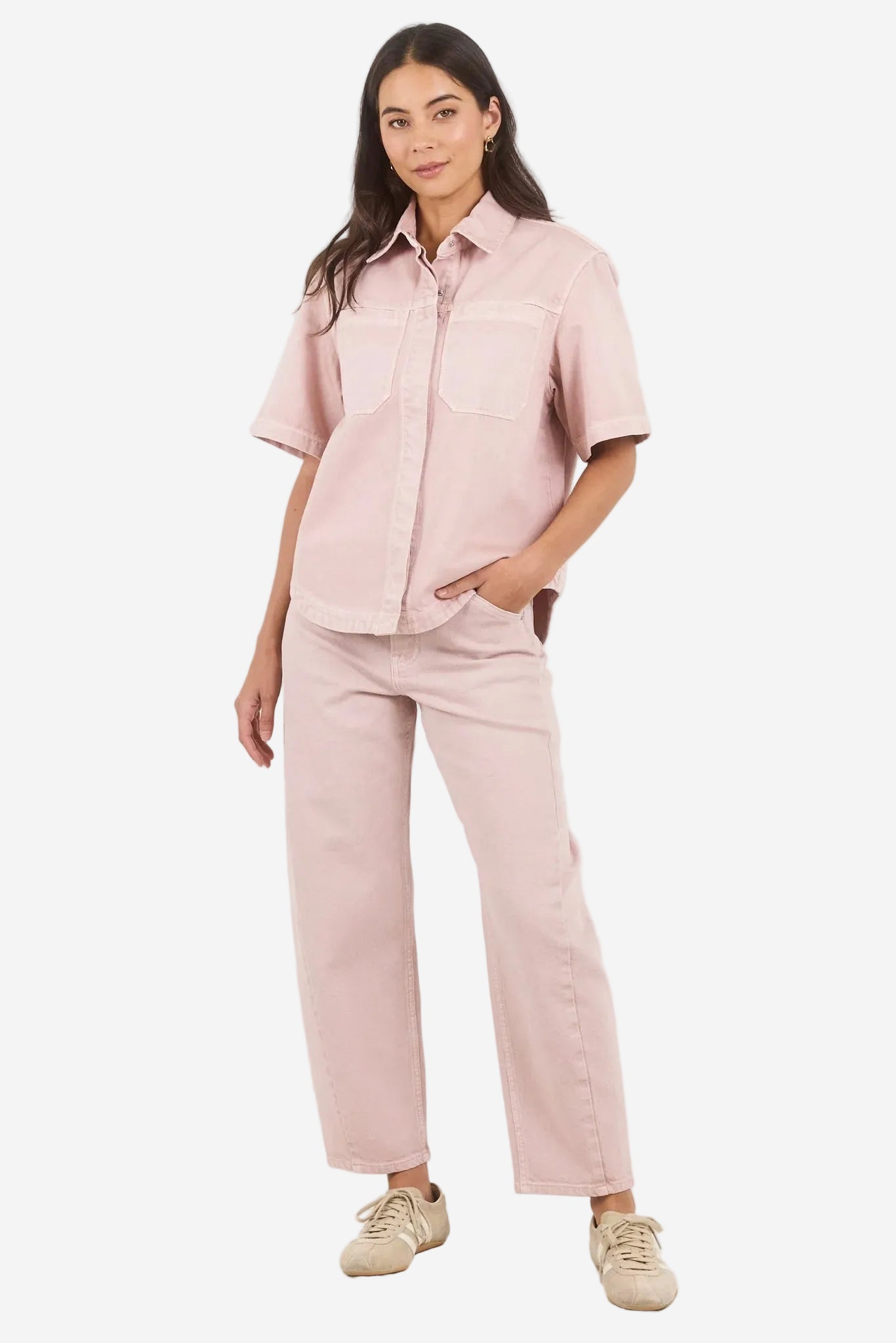STORIES BE TOLD IDOLISE PALE PINK STRETCH SOFT BARREL JEAN - THE VOGUE STORE