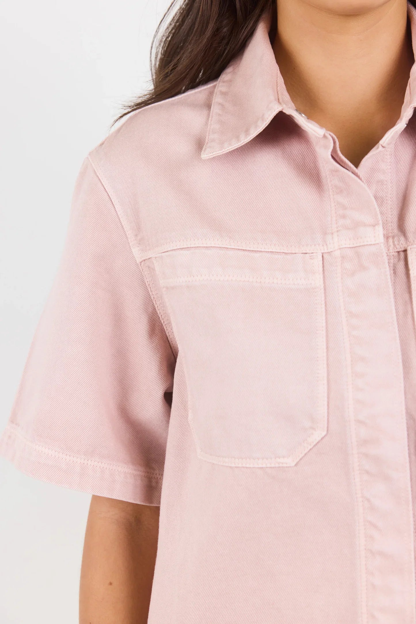 STORIES BE TOLD CRUCIAL PALE PINK DENIM SHORT SLEEVE SHACKET - THE VOGUE STORE