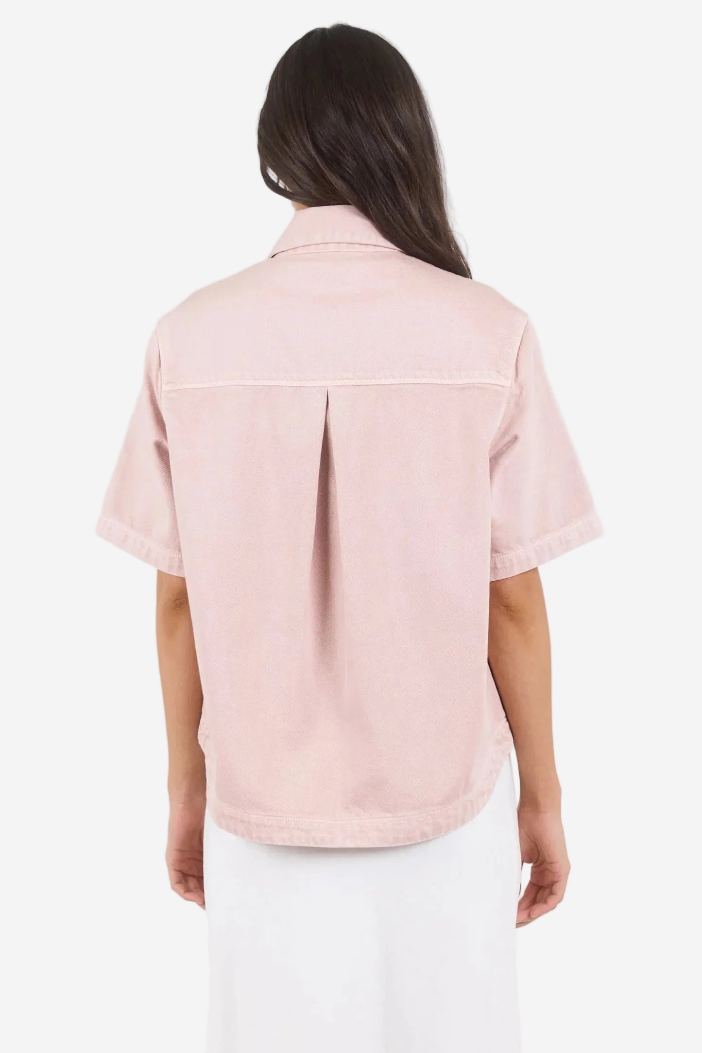 STORIES BE TOLD CRUCIAL PALE PINK DENIM SHORT SLEEVE SHACKET - THE VOGUE STORE