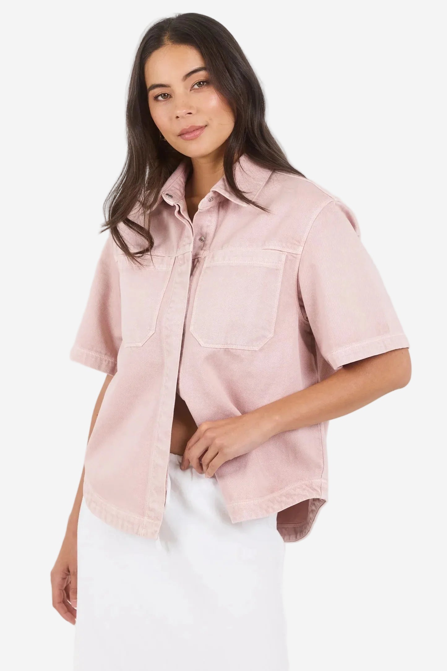 STORIES BE TOLD CRUCIAL PALE PINK DENIM SHORT SLEEVE SHACKET - THE VOGUE STORE