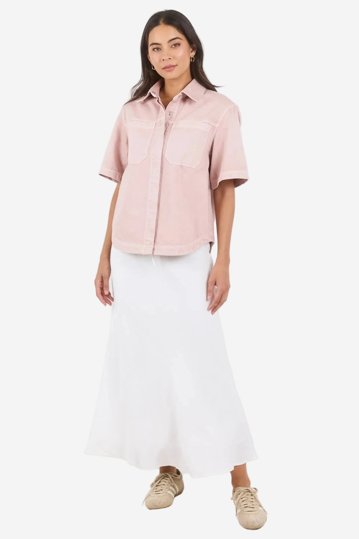 STORIES BE TOLD CRUCIAL PALE PINK DENIM SHORT SLEEVE SHACKET - THE VOGUE STORE