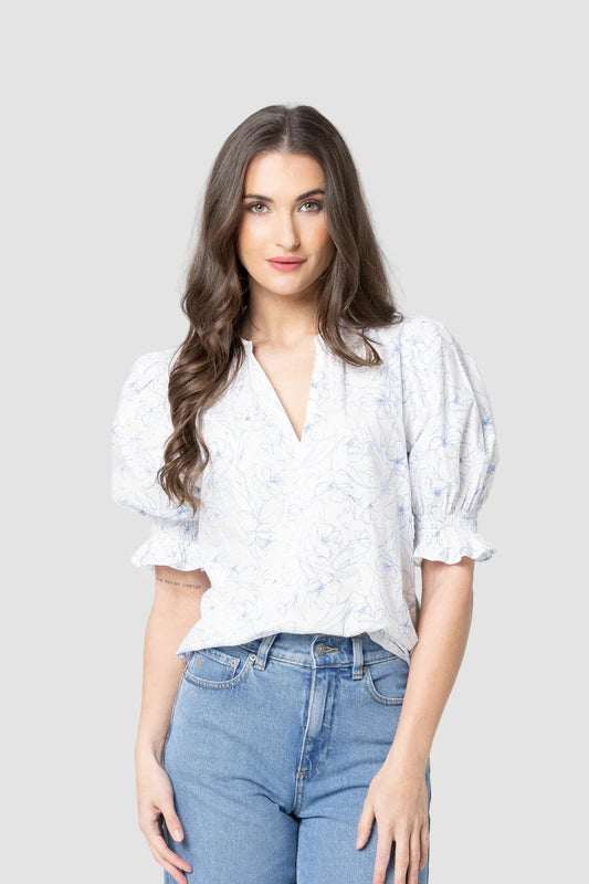 SEEKING LOLA RELAXED BUTTERFLY TOP - BLUE FLORAL SKETCH - THE VOGUE STORE