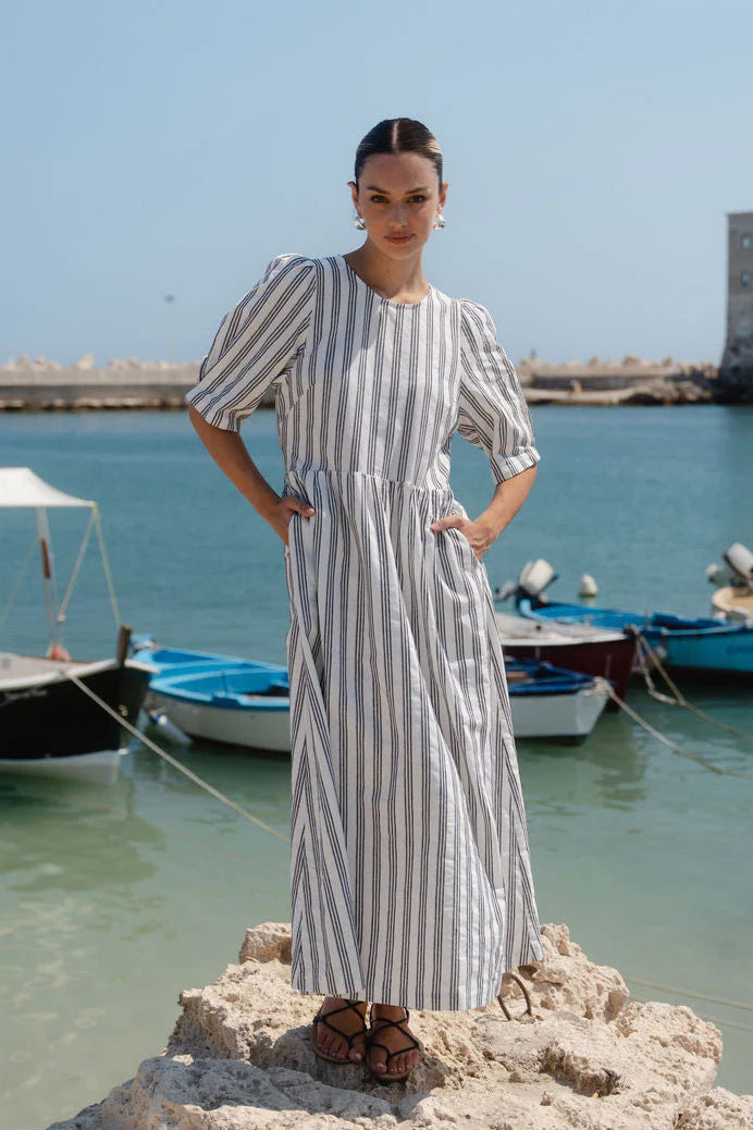 RE:UNION THE LABEL HEMISPHERE IVORY BLACK STRIPE COTTON SHORT SLEEVE RELAXED MIDI DRESS